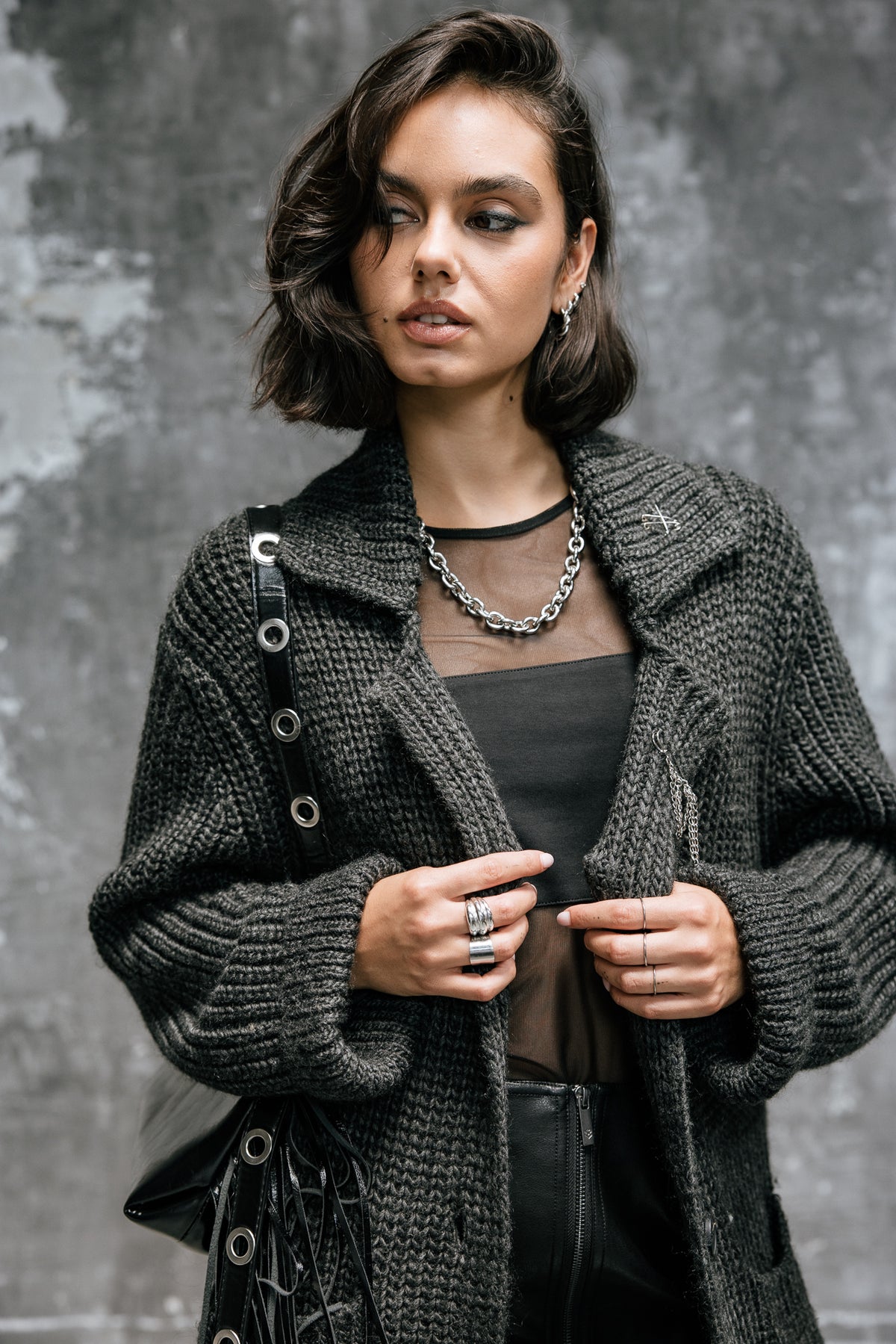 

Lange Strickjacke Damen Cordie dark grey melange | Freeman T. Porter