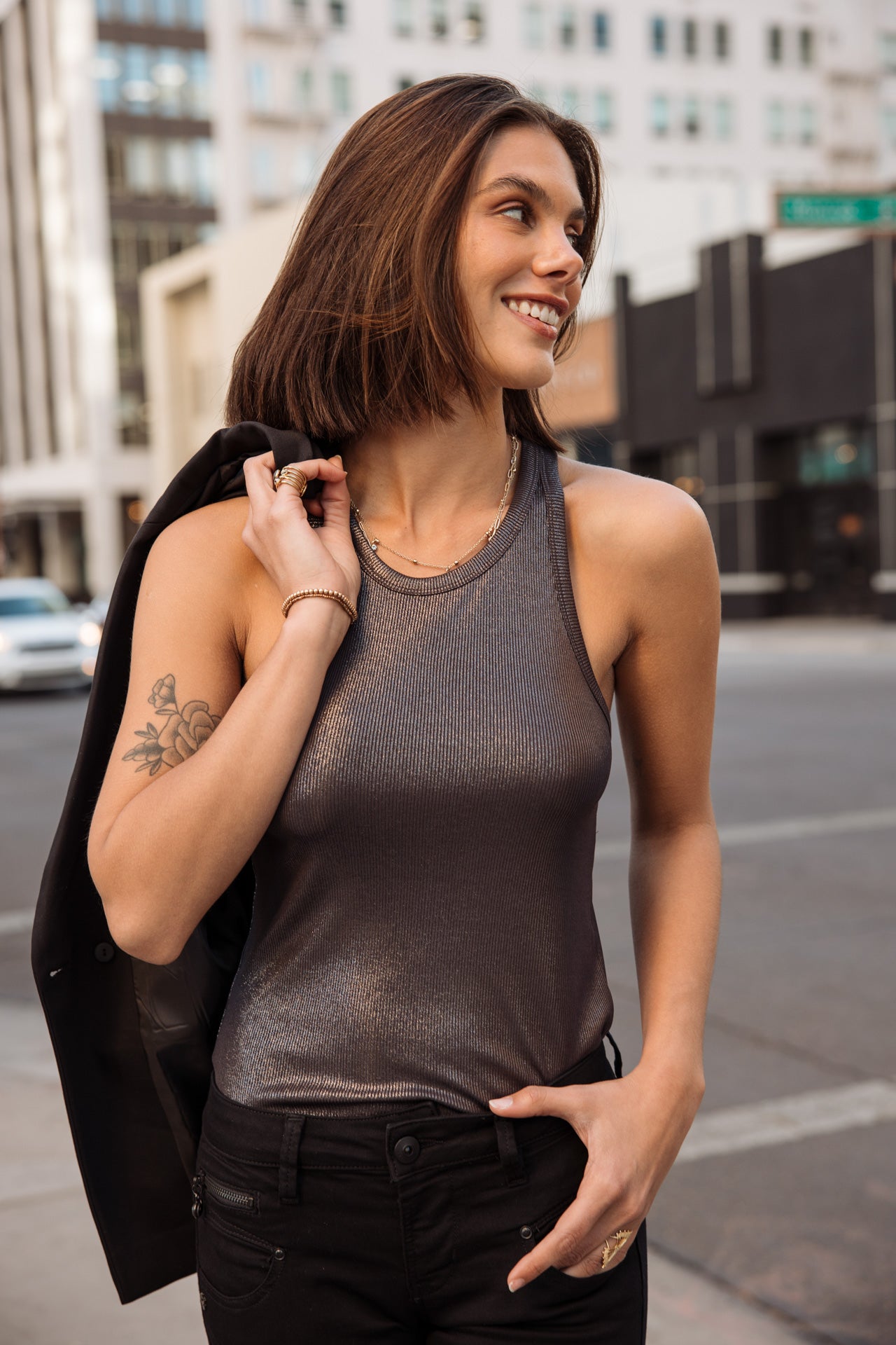 

Camiseta de tirantes lamé Mujer Dorine Foiled carbone | Freeman T. Porter