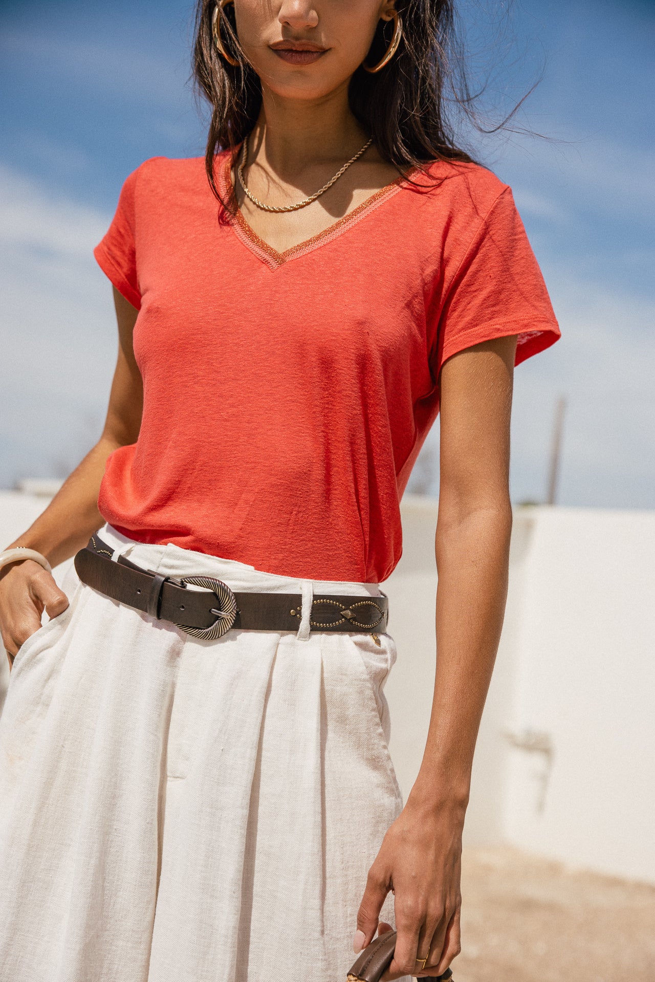 

T-shirt manches courtes col V Femme Taile Ribbon cayenne | Freeman T. Porter