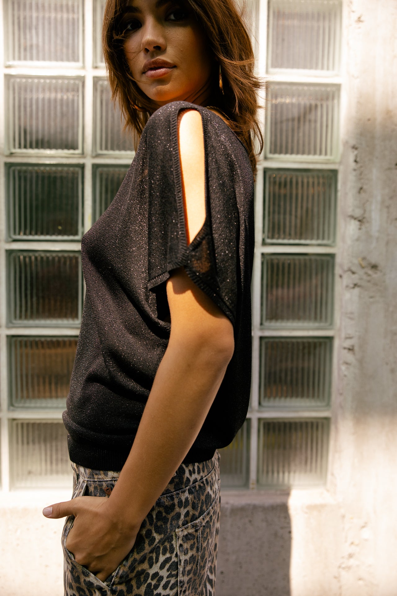 

T-Shirt mit schulterfreiem Design aus Lurex-Strick Damen Paige Lurex black | Freeman T. Porter