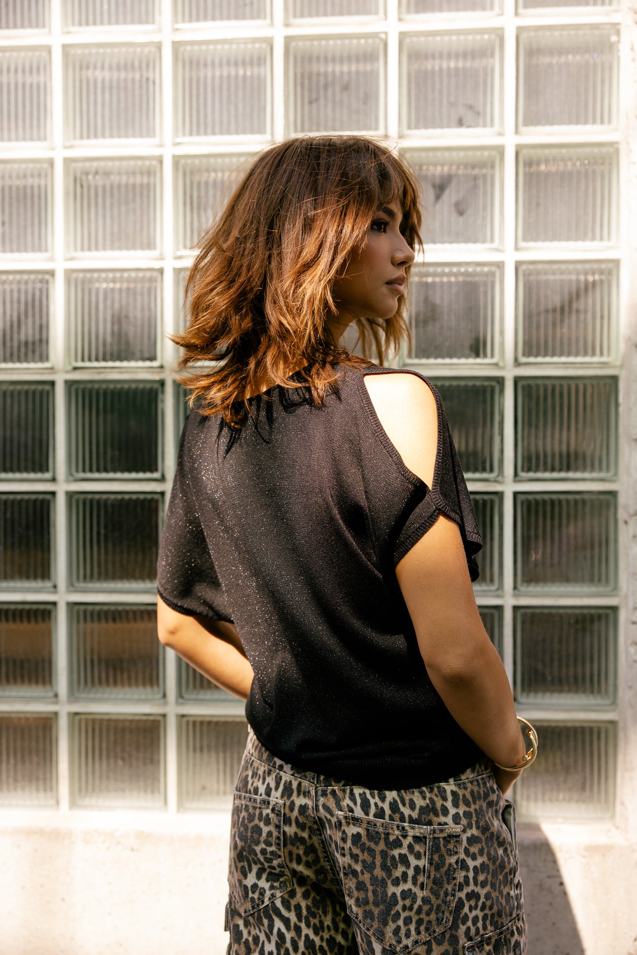 

T-Shirt mit schulterfreiem Design aus Lurex-Strick Damen Paige Lurex black | Freeman T. Porter