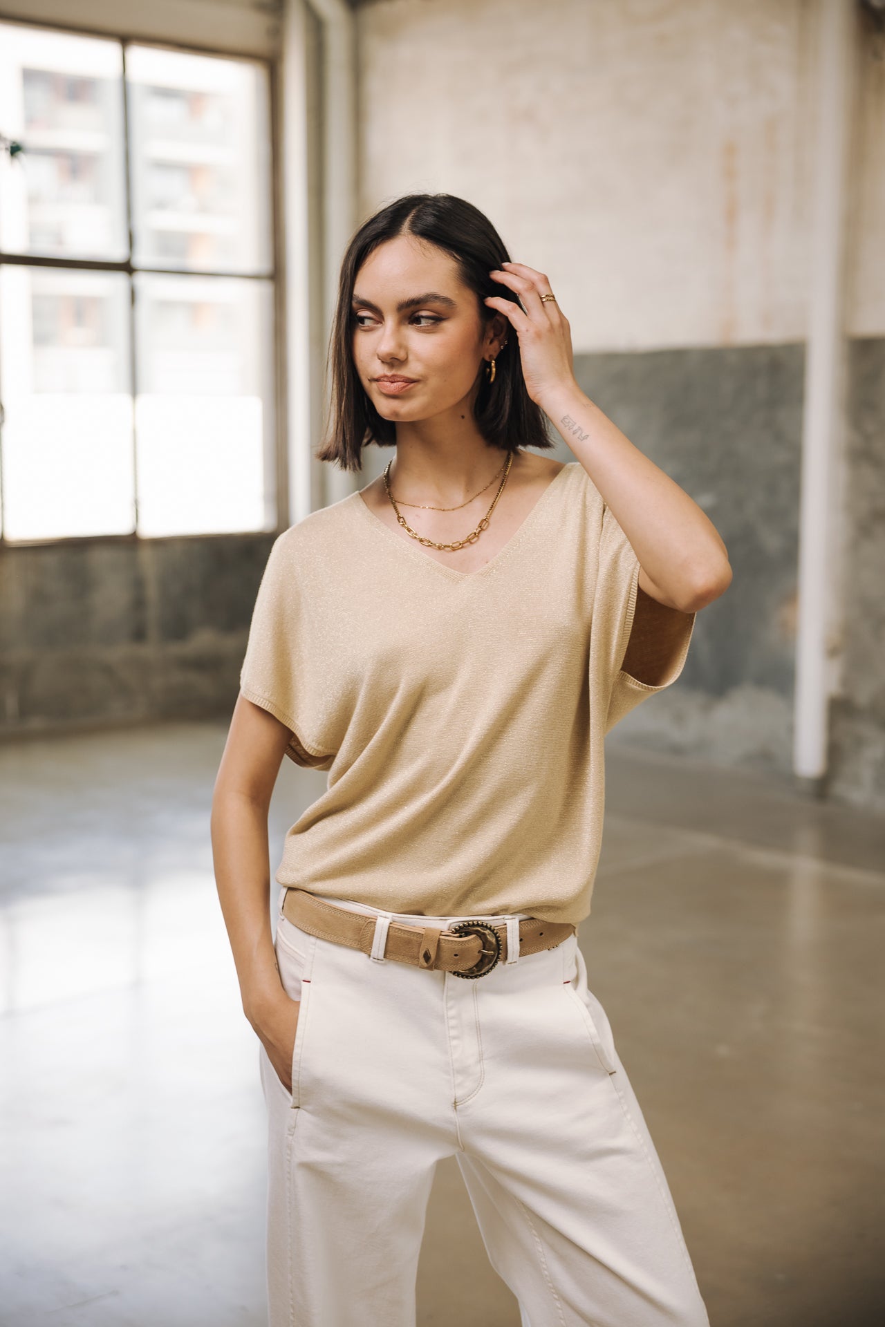 

Pull épaule dénudées Femme Paige Lurex light gold | Freeman T. Porter