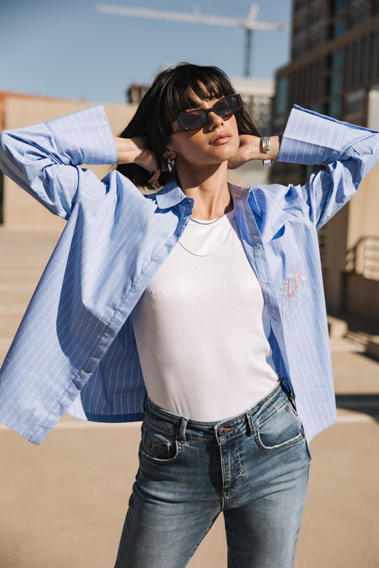 

Gestreiftes und besticktes Hemd Frau Chestine Boyfriend baby blue | Freeman T. Porter