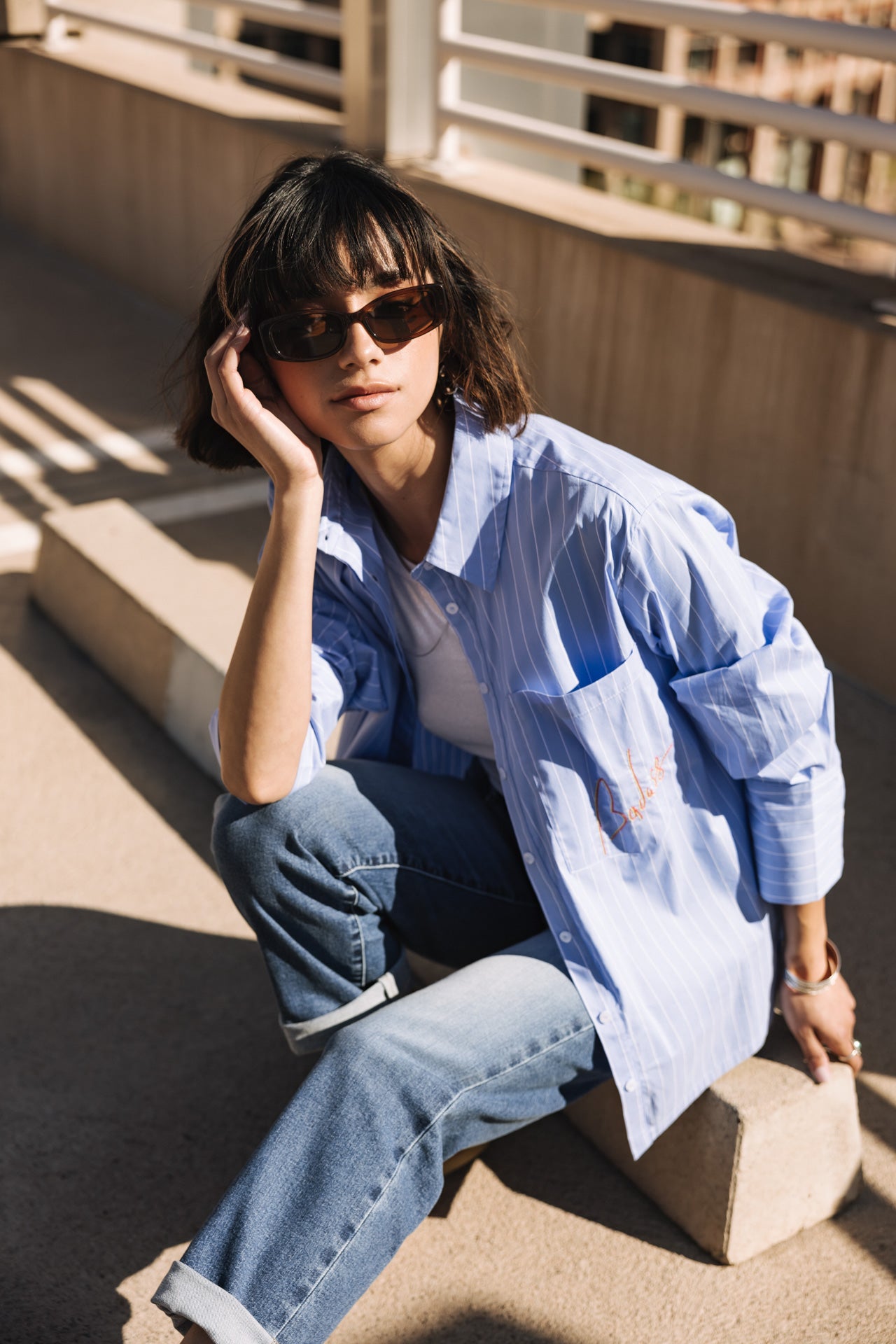 

Gestreiftes und besticktes Hemd Frau Chestine Boyfriend baby blue | Freeman T. Porter