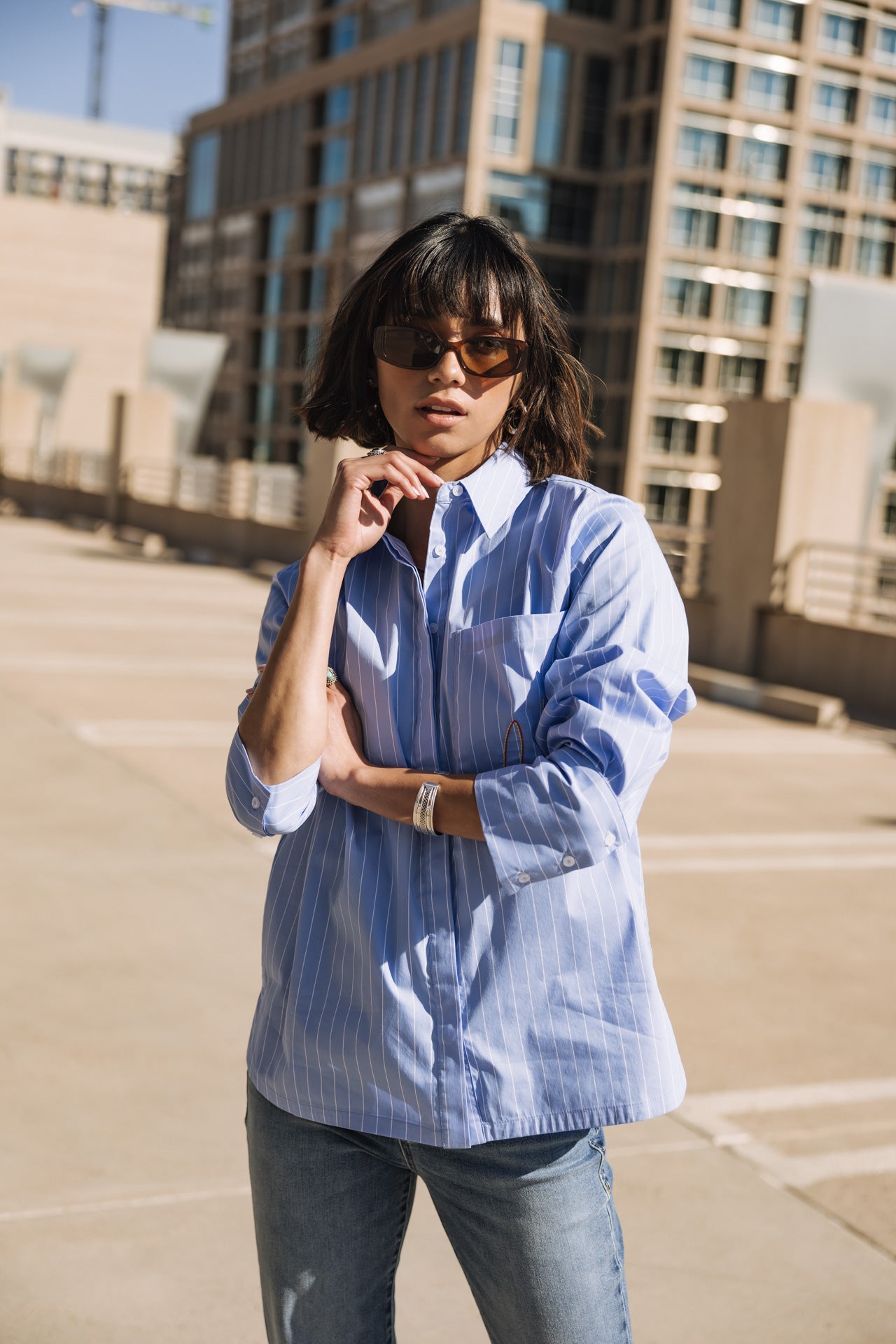 

Gestreiftes und besticktes Hemd Frau Chestine Boyfriend baby blue | Freeman T. Porter