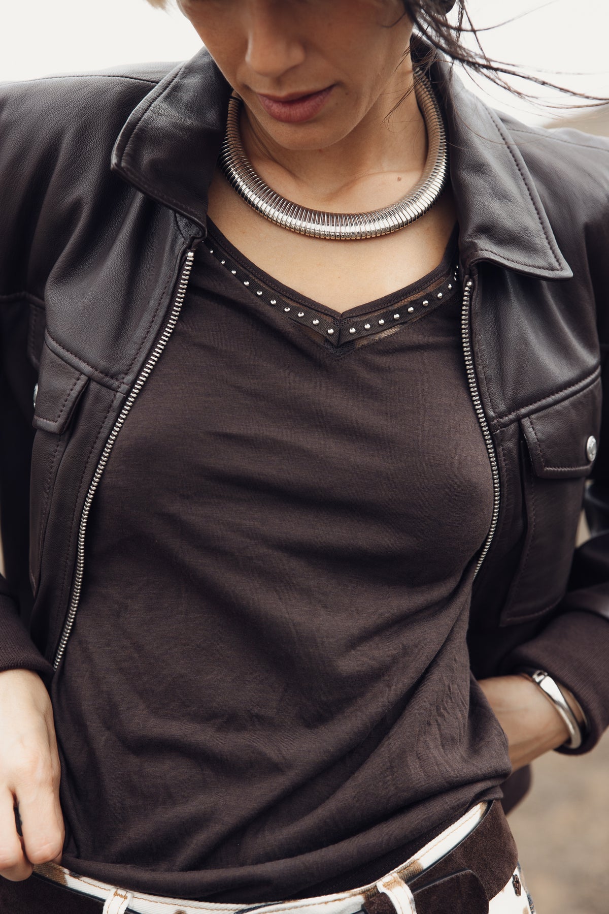 

T-Shirt mit Nieten Damen Torina Studs chocolate torte | Freeman T. Porter