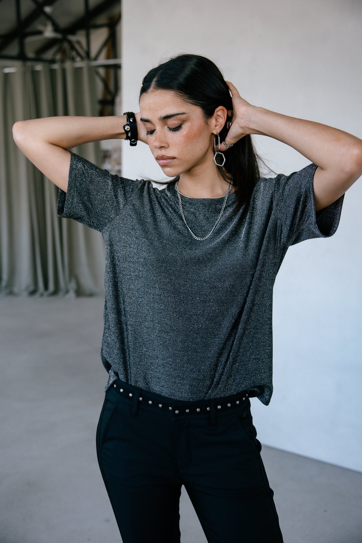 

T-shirt lurex Woman Tachina Shiny gun metal | Freeman T. Porter