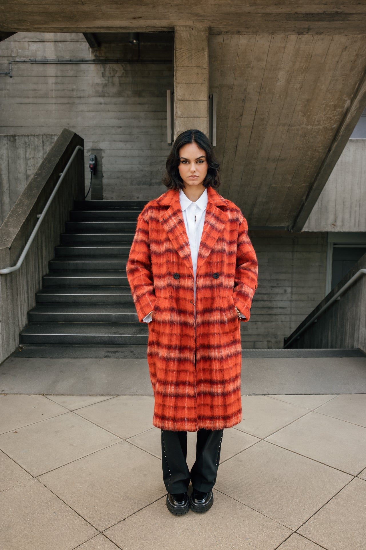 
              

Langer Mantel aus gewalkter Wolle Damen Millie Plaid red orange | Freeman T. Porter
            