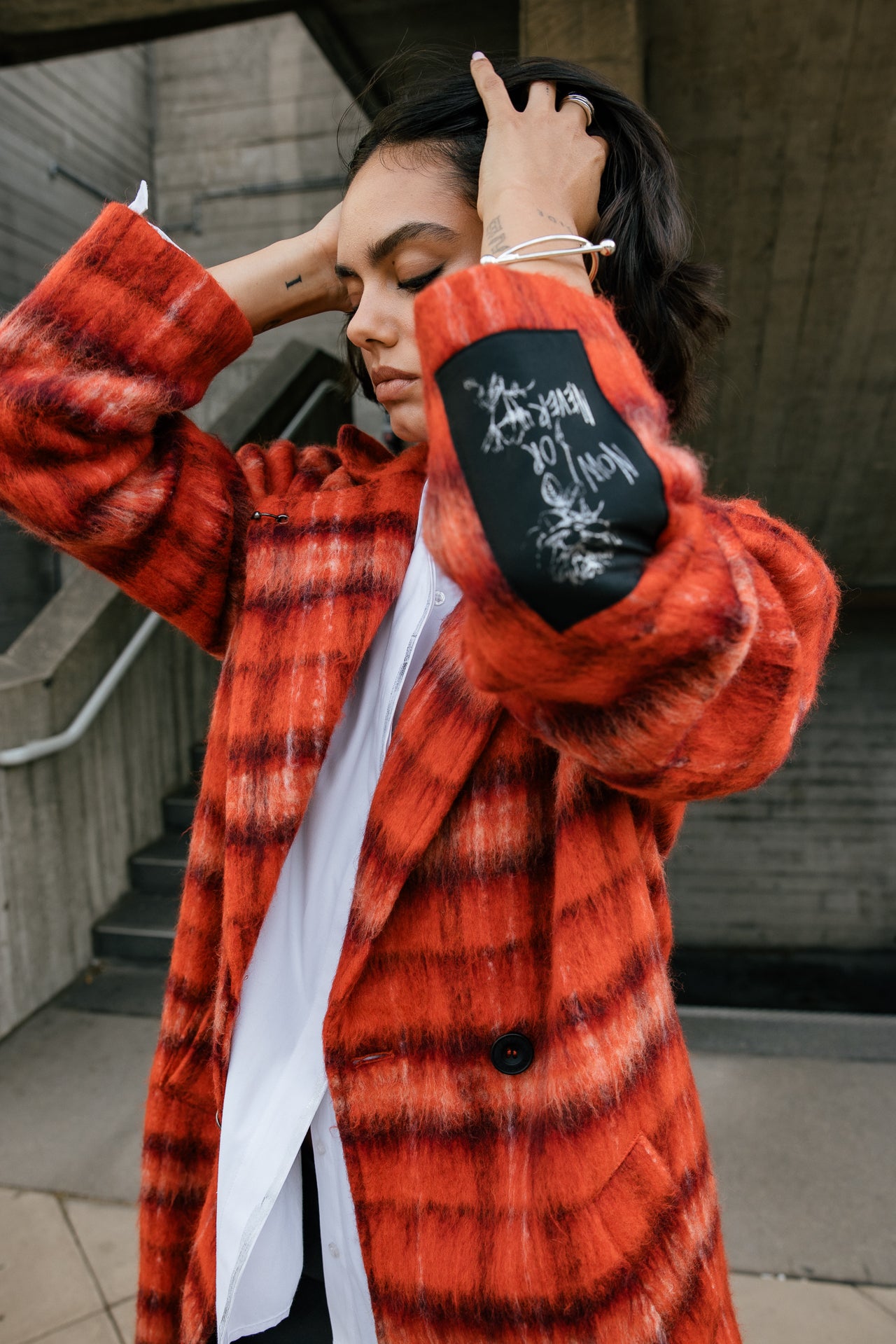 

Langer Mantel aus gewalkter Wolle Damen Millie Plaid red orange | Freeman T. Porter