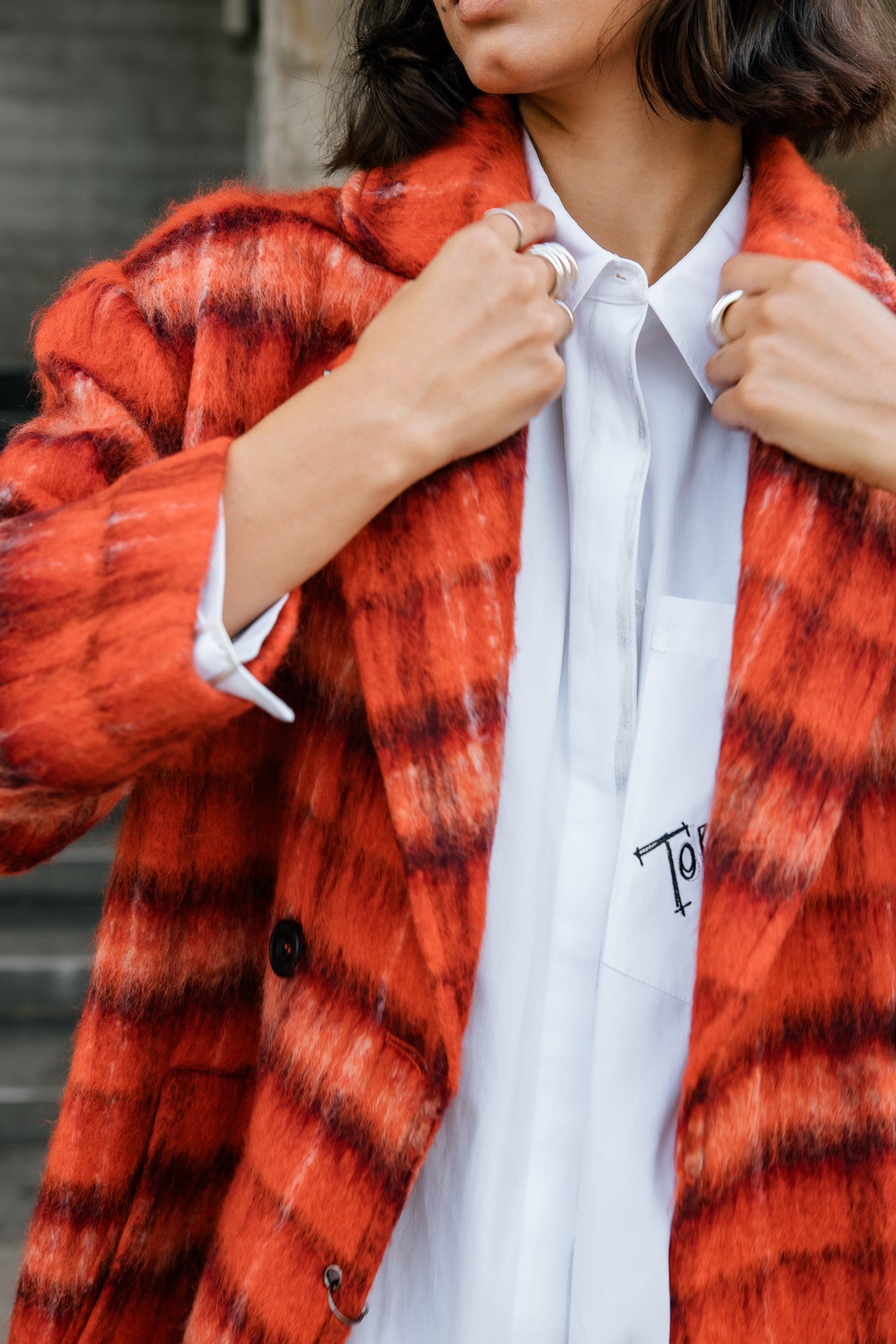 

Langer Mantel aus gewalkter Wolle Damen Millie Plaid red orange | Freeman T. Porter