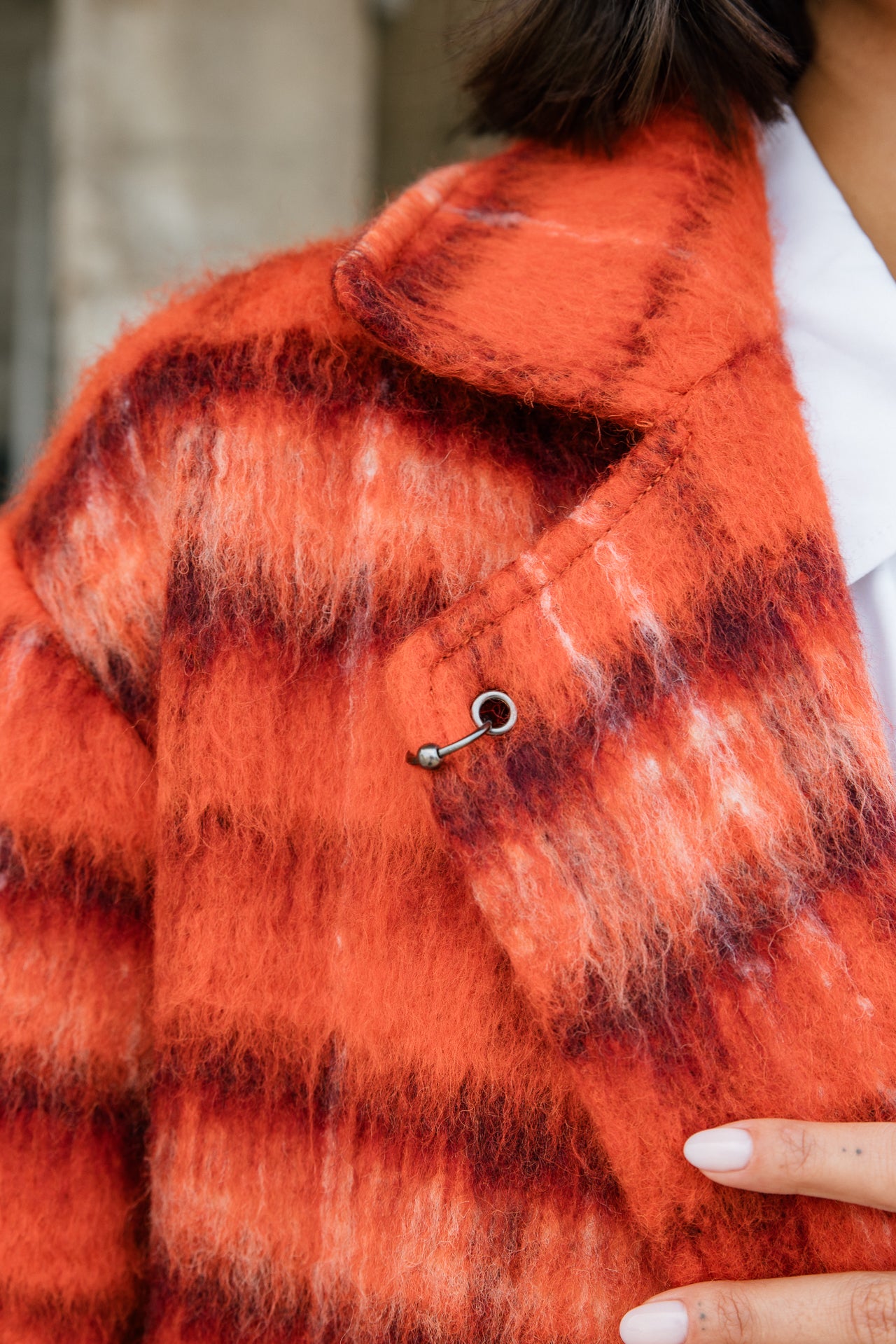 

Langer Mantel aus gewalkter Wolle Damen Millie Plaid red orange | Freeman T. Porter