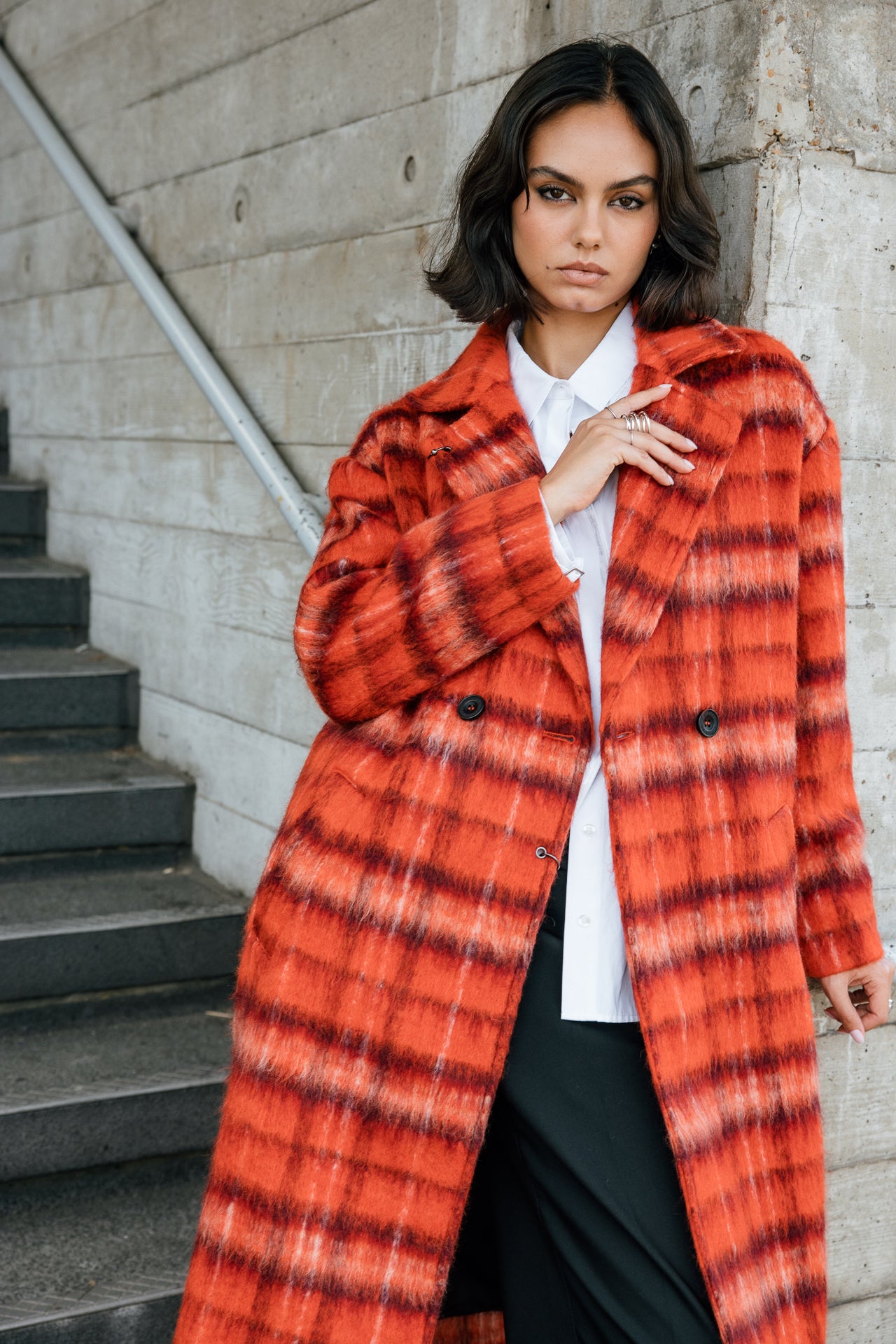 

Langer Mantel aus gewalkter Wolle Damen Millie Plaid red orange | Freeman T. Porter