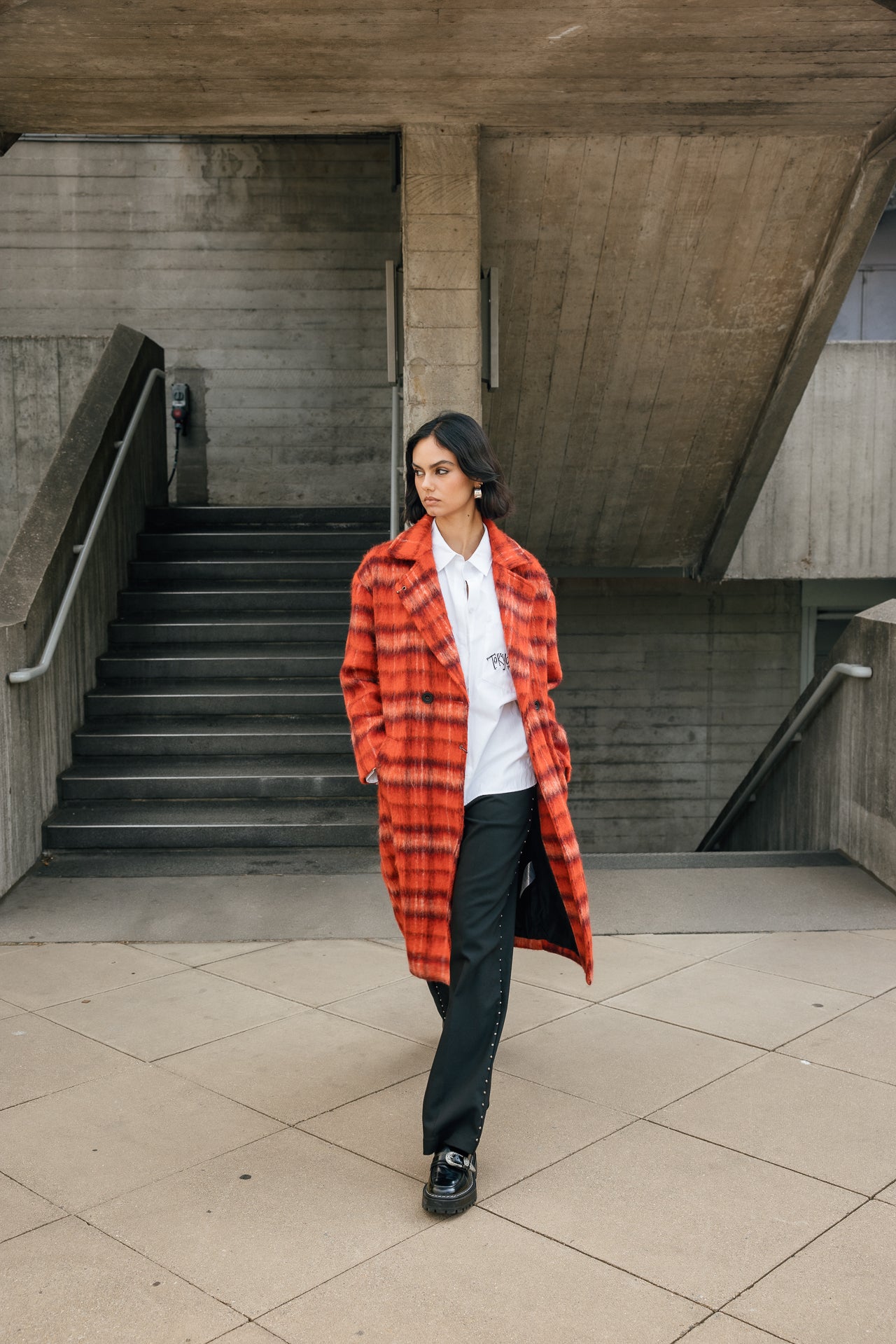 

Langer Mantel aus gewalkter Wolle Damen Millie Plaid red orange | Freeman T. Porter