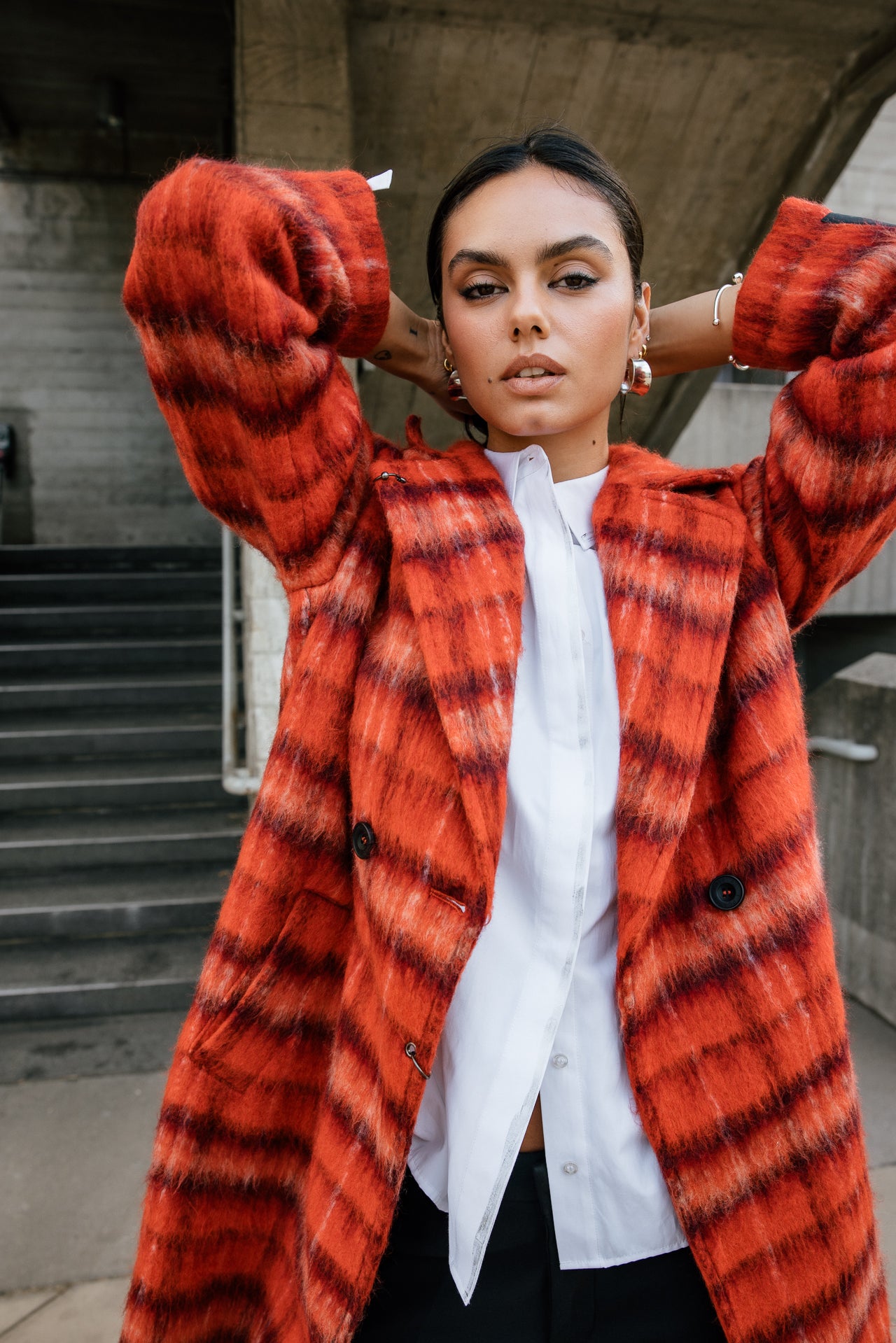 

Langer Mantel aus gewalkter Wolle Damen Millie Plaid red orange | Freeman T. Porter