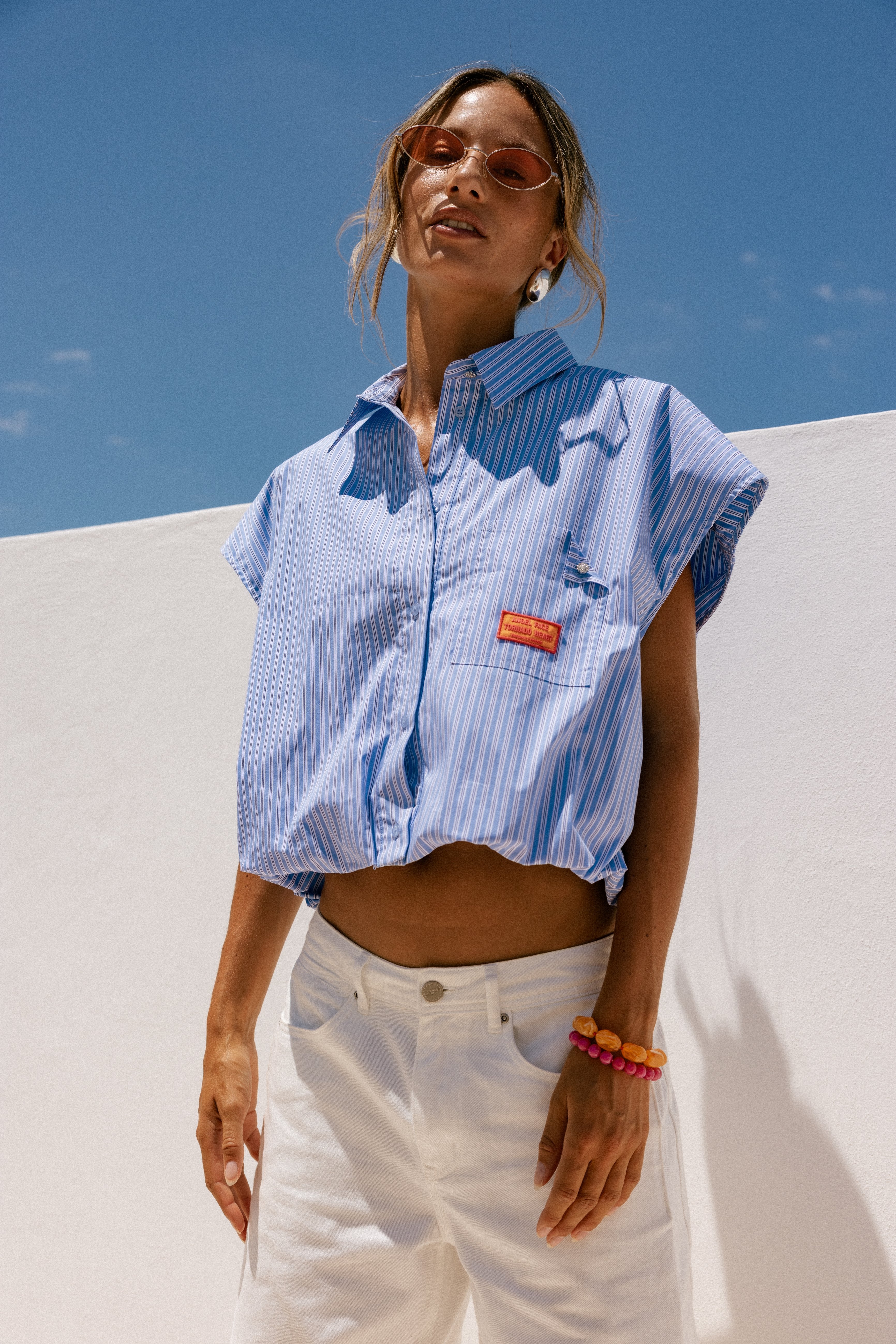 Wide hem elasticated shirt Chilly Stripe, granada sky | Freeman T