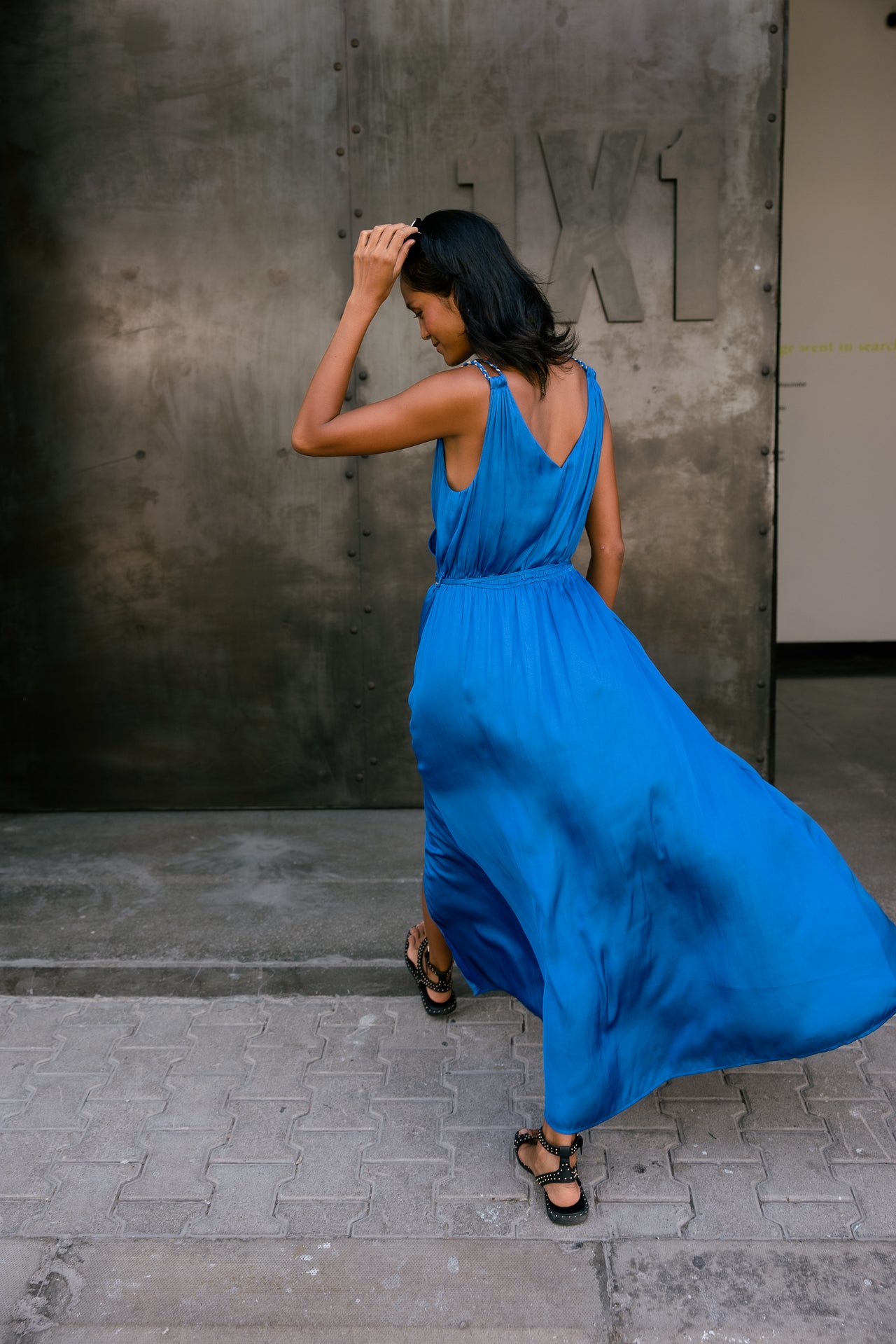 Raessy Plain maxi dress with fancy straps, princess blue | Freeman T. Porter Raessy Plain maxi dress with fancy straps, princess blue | Freeman T. Porter