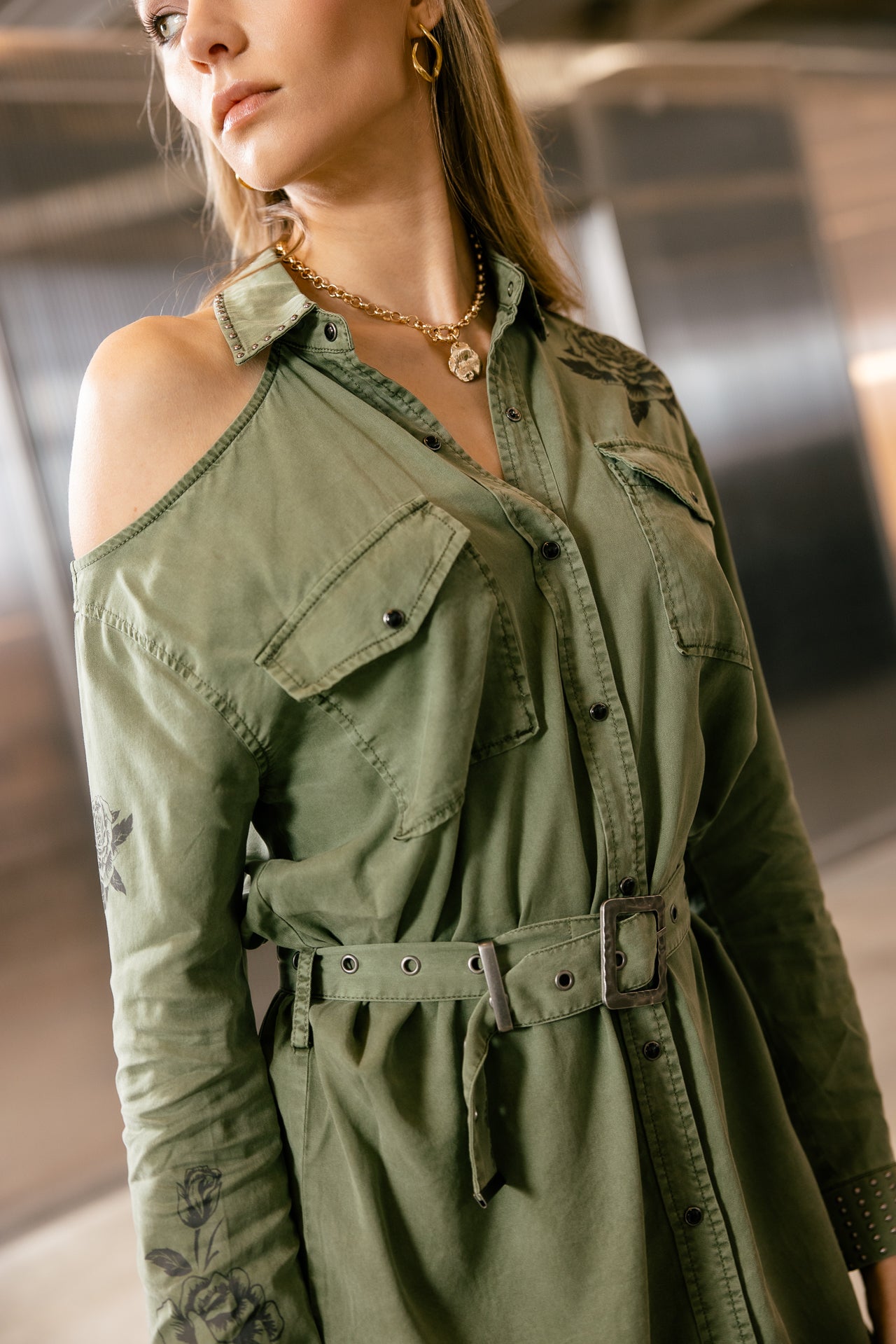 

Asymmetric shirt dress  Women Raveny Roses loden green | Freeman T. Porter