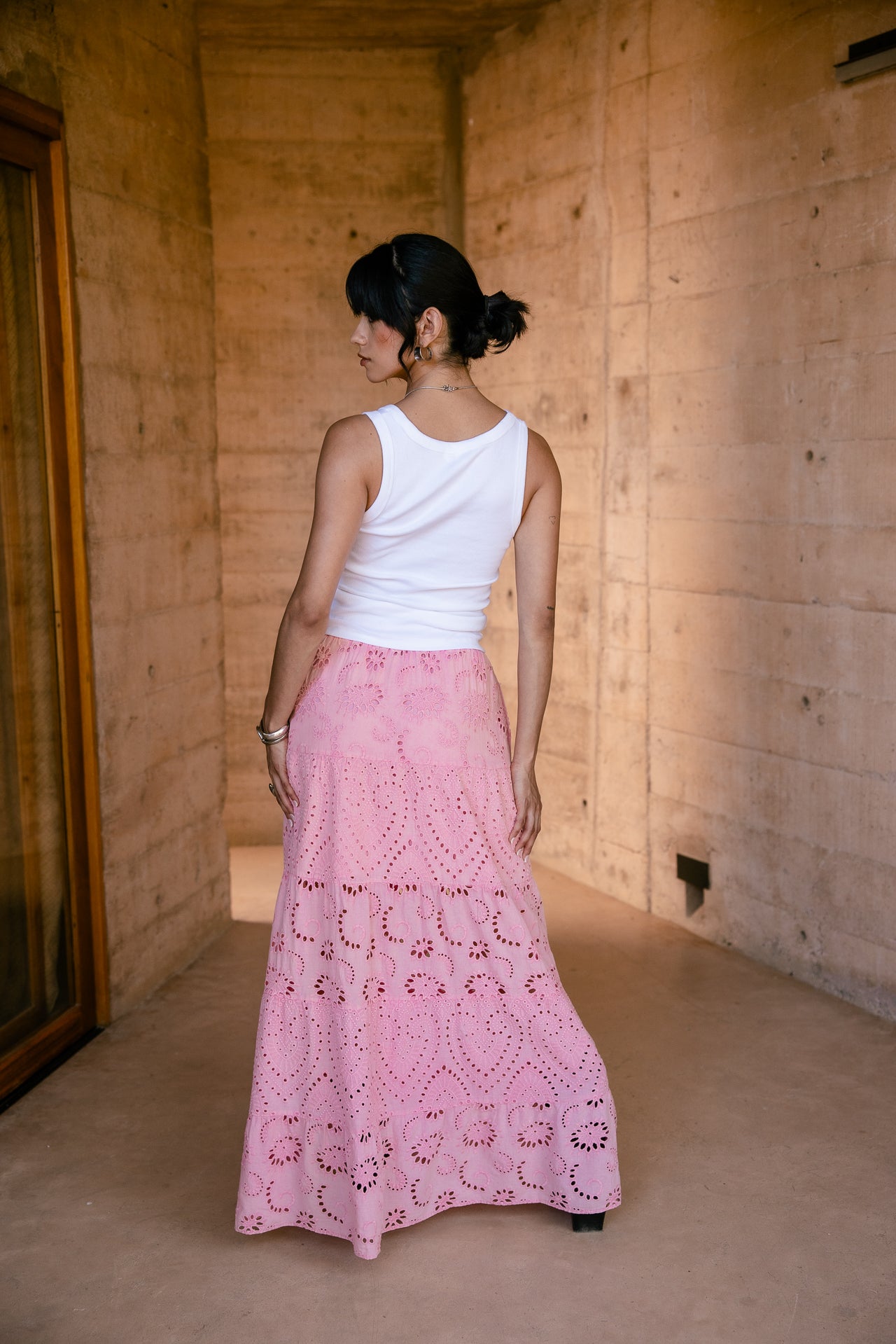 Jakar Embroidery maxi skirt in eyelet, peony pink | Freeman T. Porter