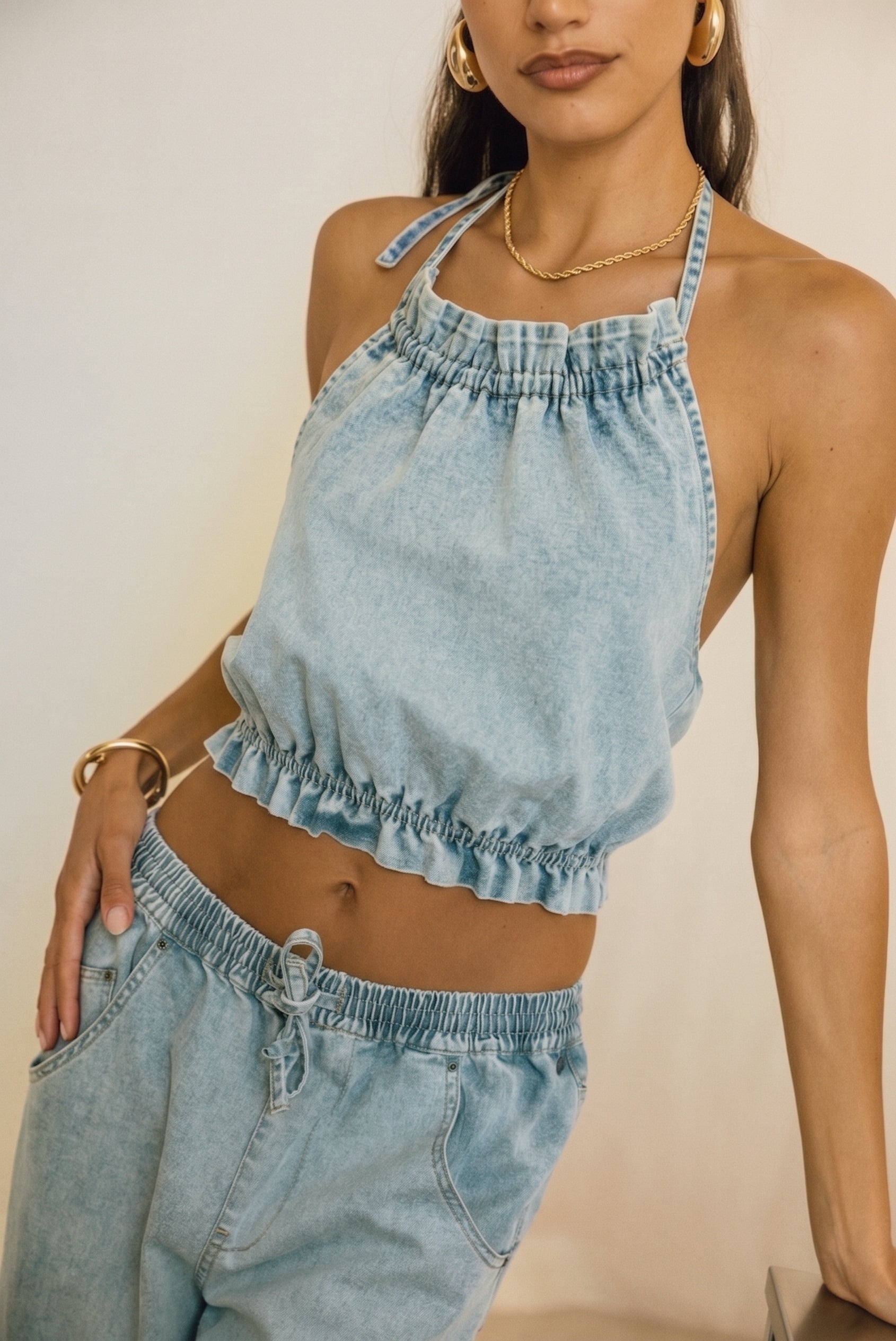 

Top denim dos nu en col froncé Femme Louisa titan | Freeman T. Porter