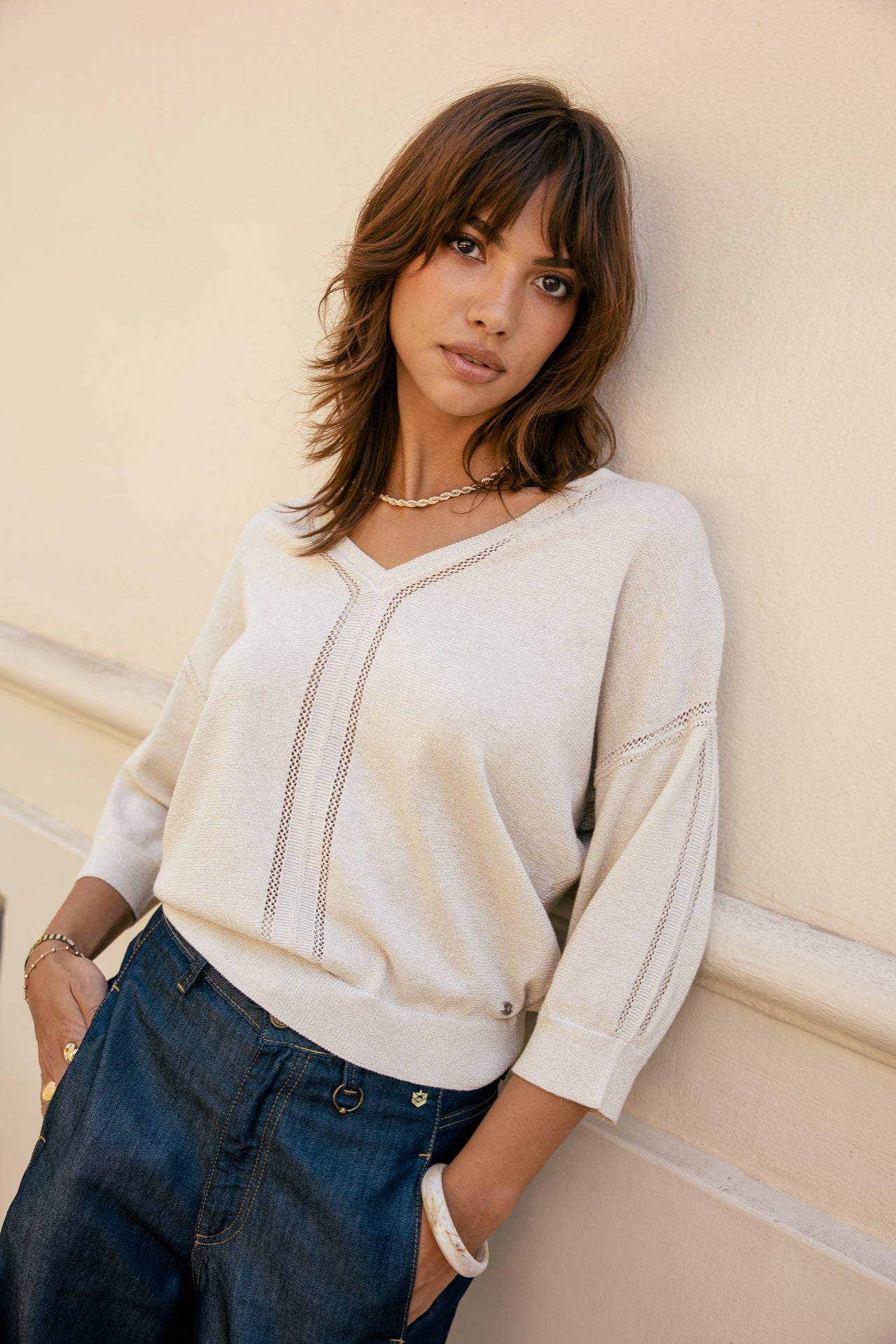 
              

Maille en pointelle col V irisé Femme Pykonos gold | Freeman T. Porter
            
