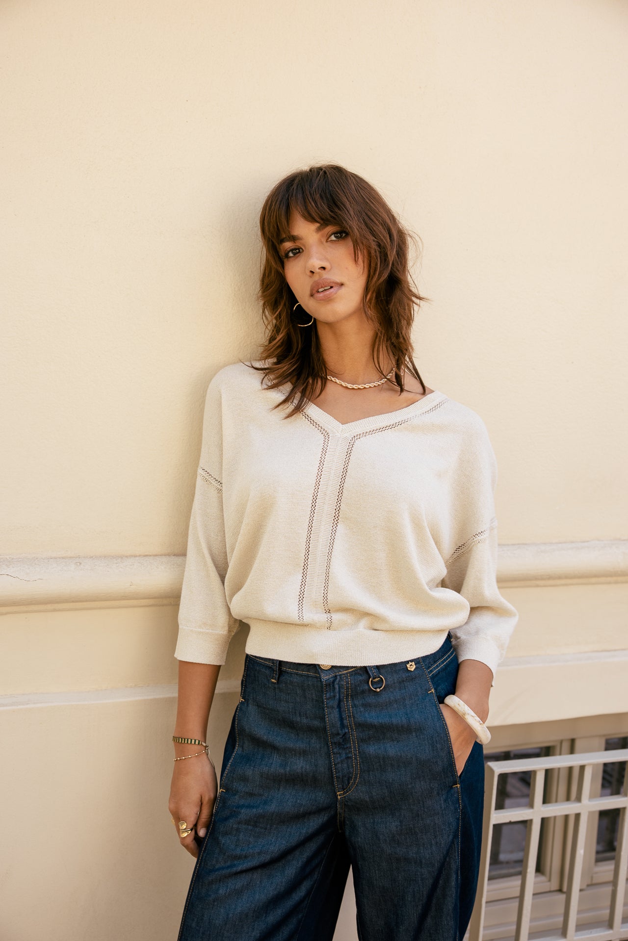 

Maille en pointelle col V irisé Femme Pykonos gold | Freeman T. Porter