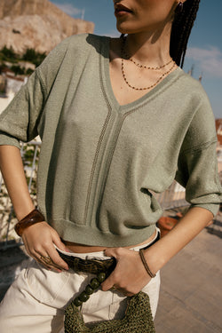 

Maille en pointelle col V irisé Femme Pykonos green sauge | Freeman T. Porter