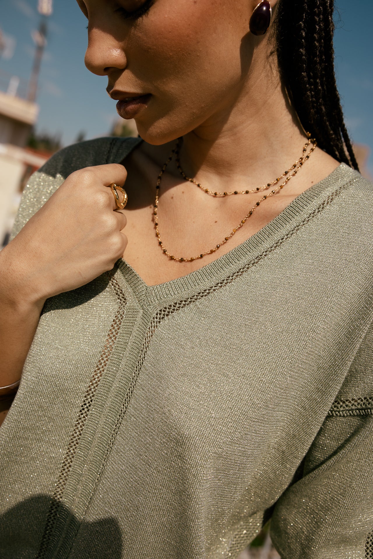 

Maille en pointelle col V irisé Femme Pykonos green sauge | Freeman T. Porter