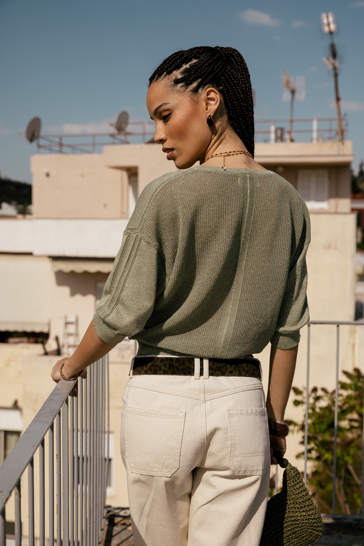 

Maille en pointelle col V irisé Femme Pykonos green sauge | Freeman T. Porter