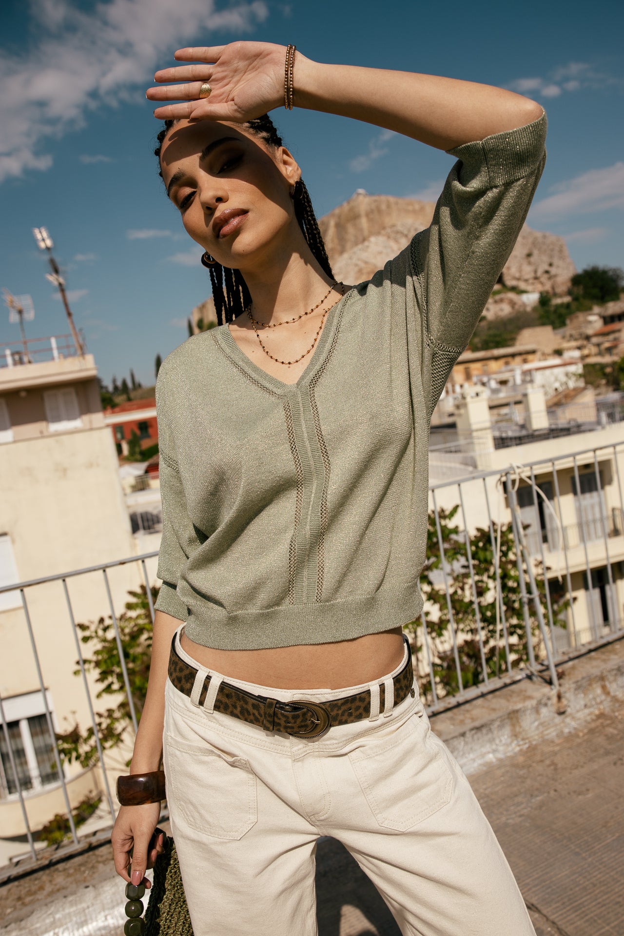 

Maille en pointelle col V irisé Femme Pykonos green sauge | Freeman T. Porter