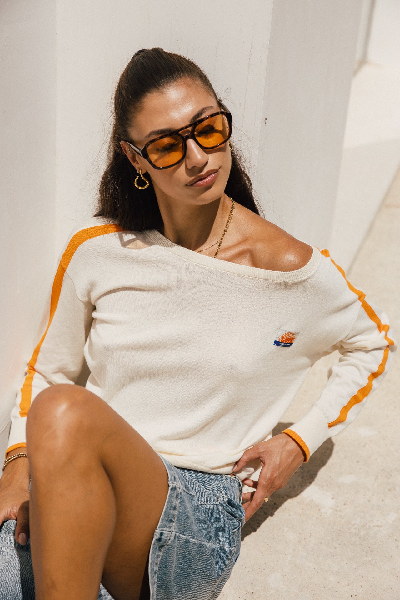 

Pull leger en maille col rond Femme Primo off white / orange | Freeman T. Porter