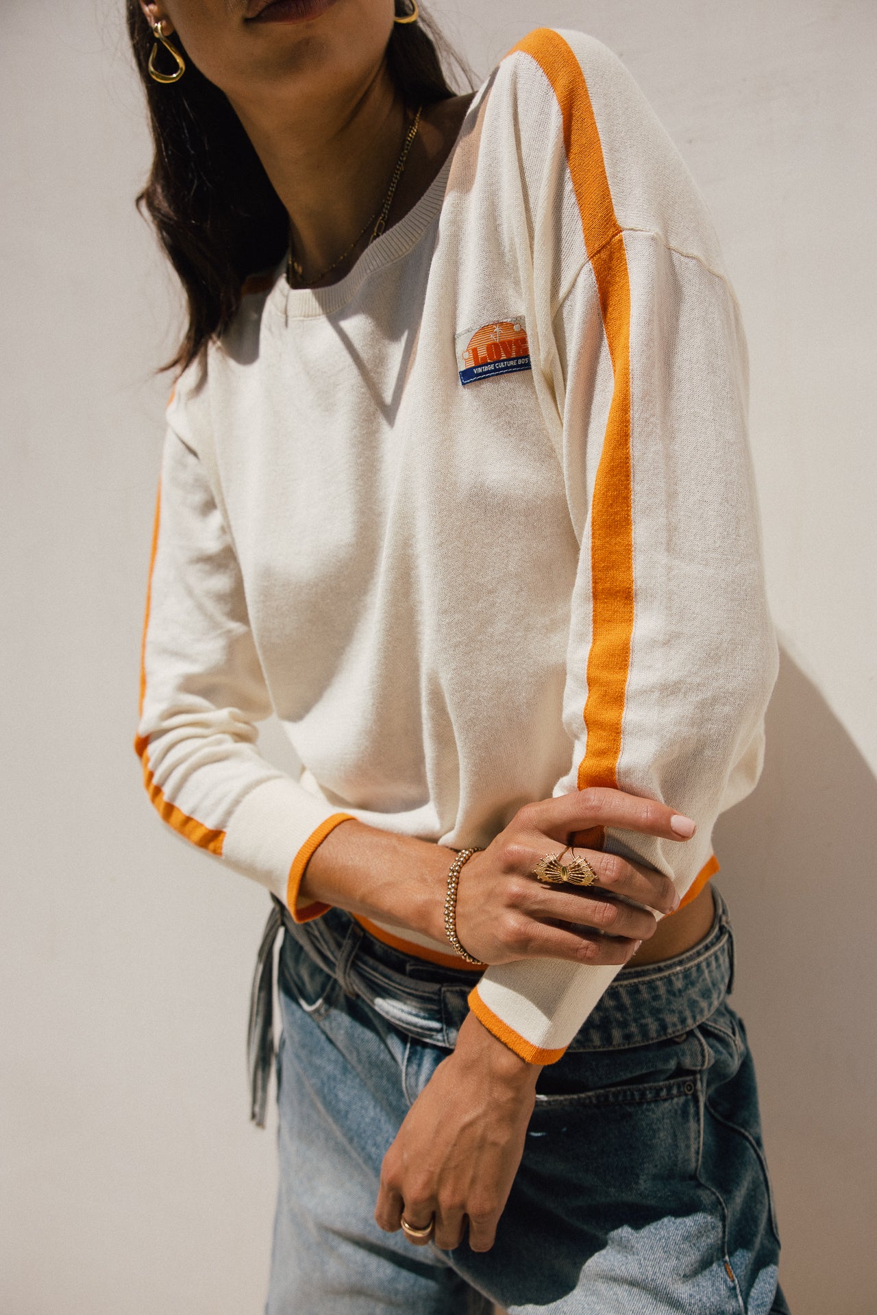 

Pull leger en maille col rond Femme Primo off white / orange | Freeman T. Porter