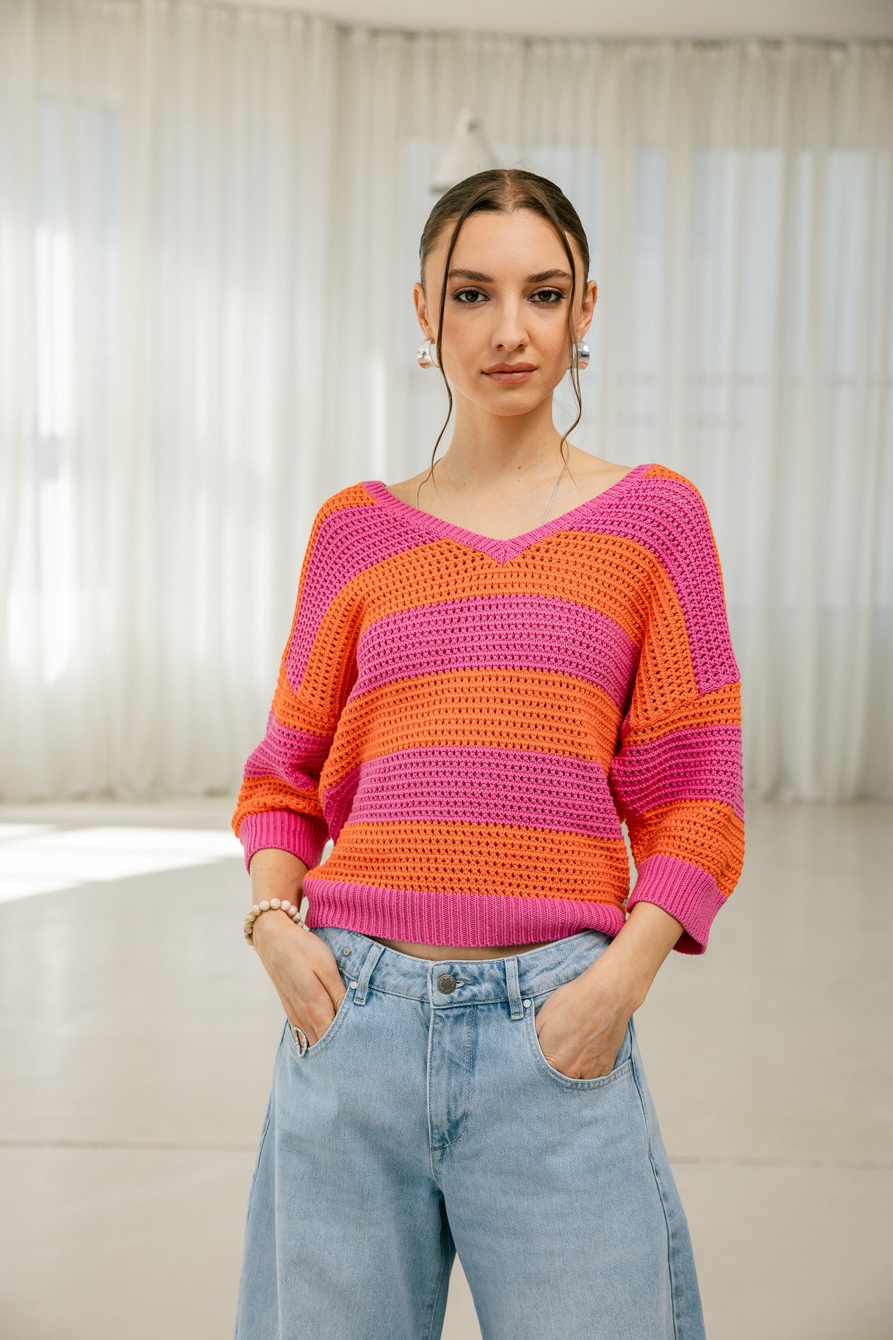 
              

Pull en maille rayé Femme Parossita Stripes pink fluo / orange | Freeman T. Porter
            