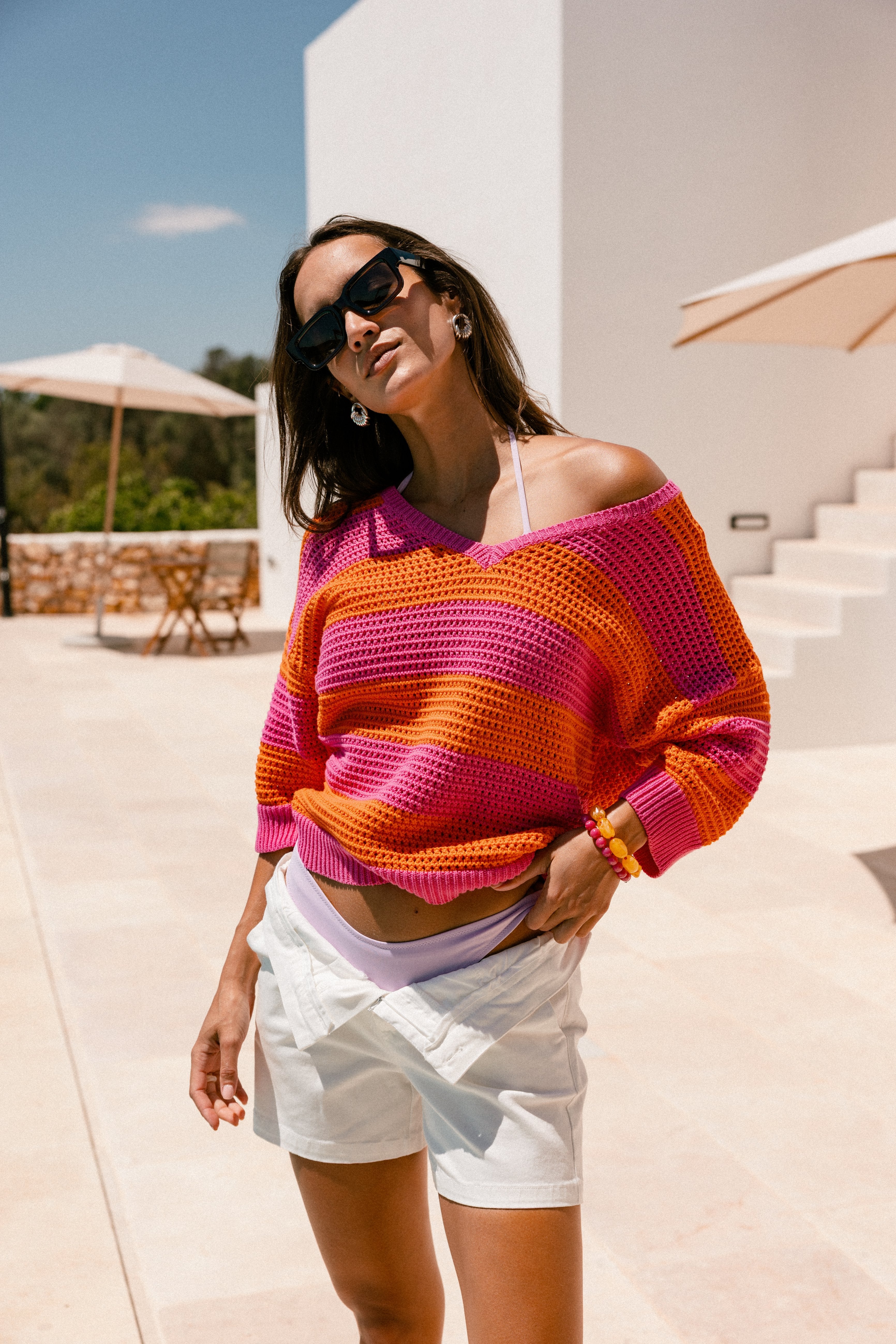 

Gestreifter Strickpullover Frauen Parossita Stripes pink-fluo / orange | Freeman T. Porter