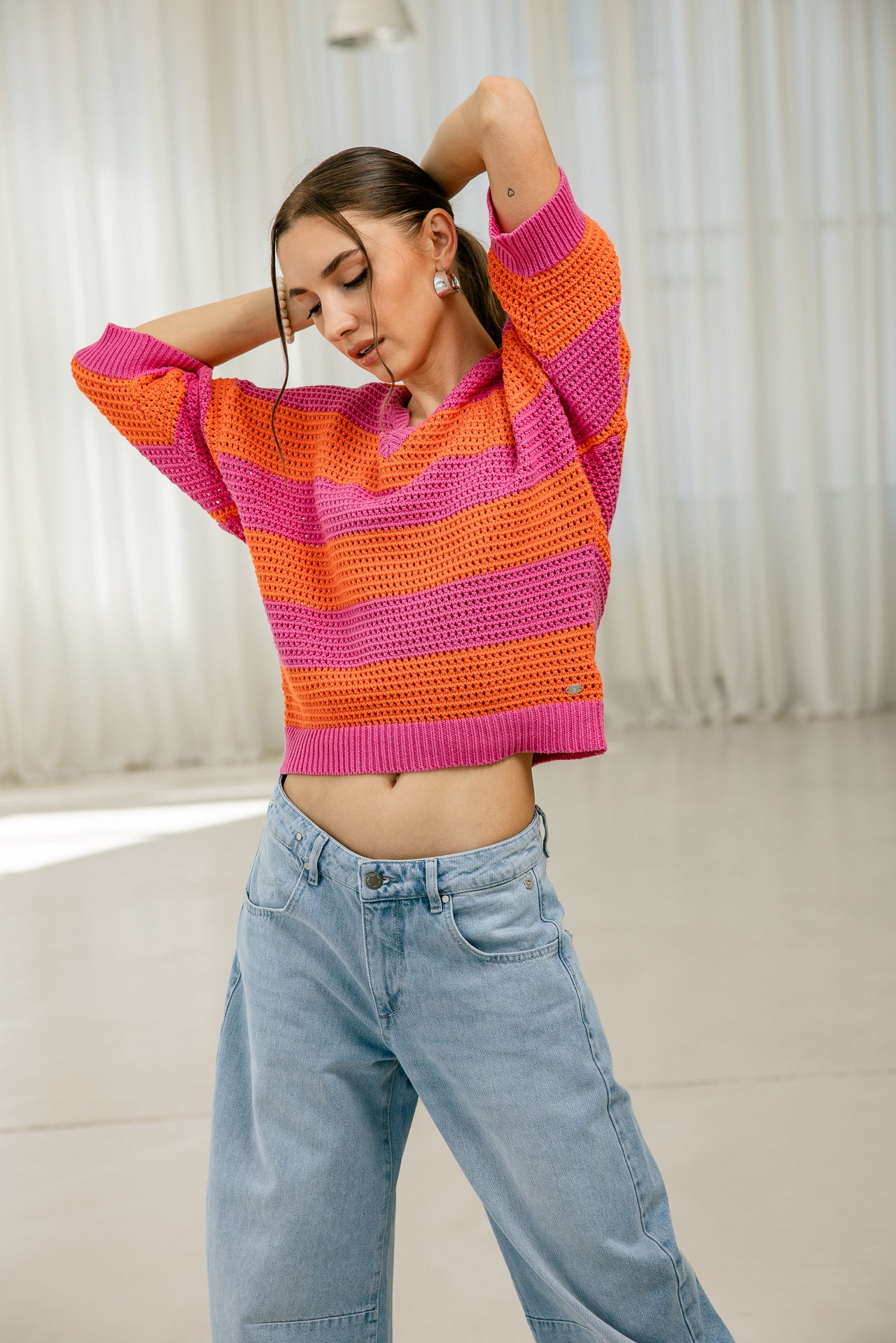 

Pull en maille rayé Femme Parossita Stripes pink fluo / orange | Freeman T. Porter