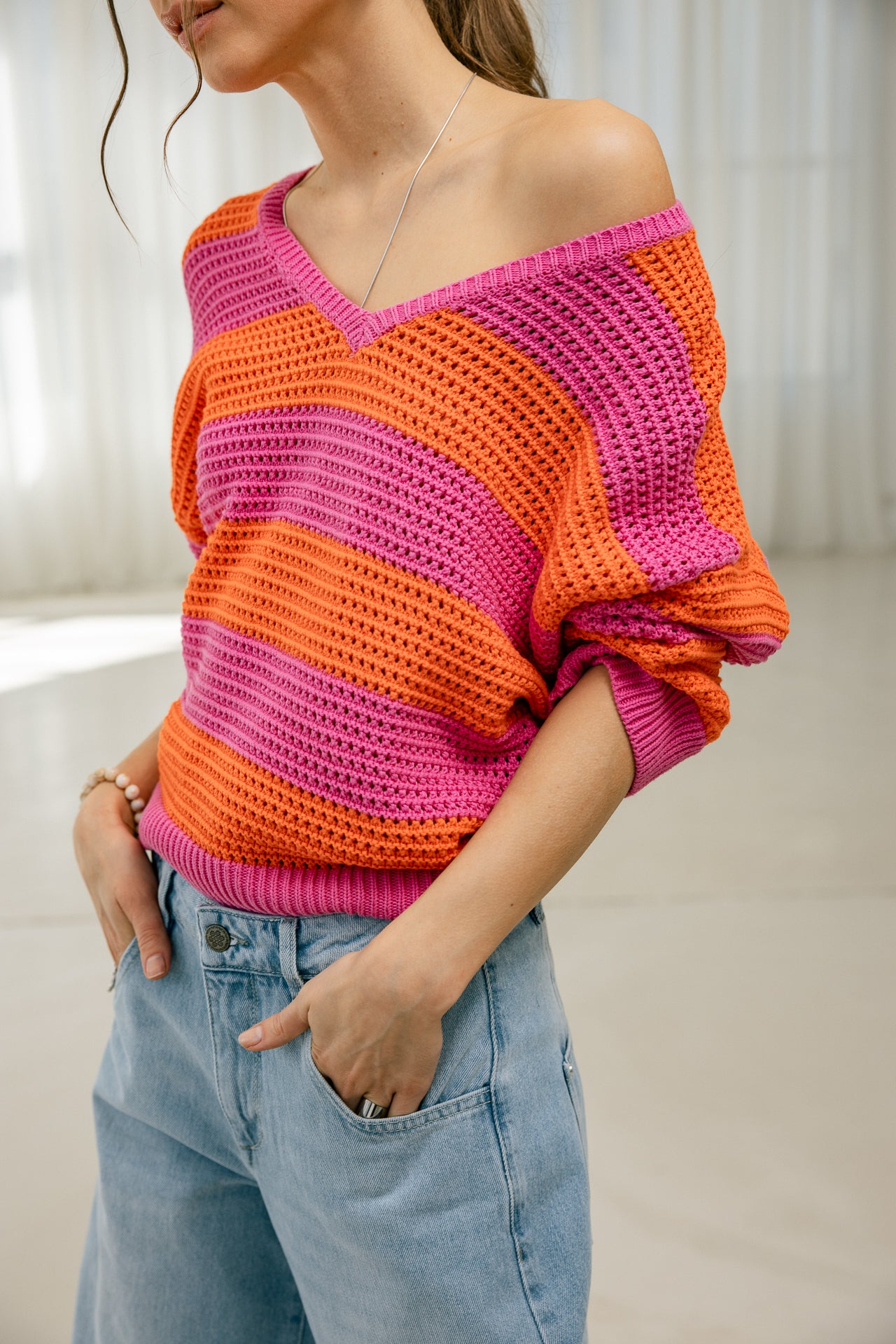 

Pull en maille rayé Femme Parossita Stripes pink fluo / orange | Freeman T. Porter