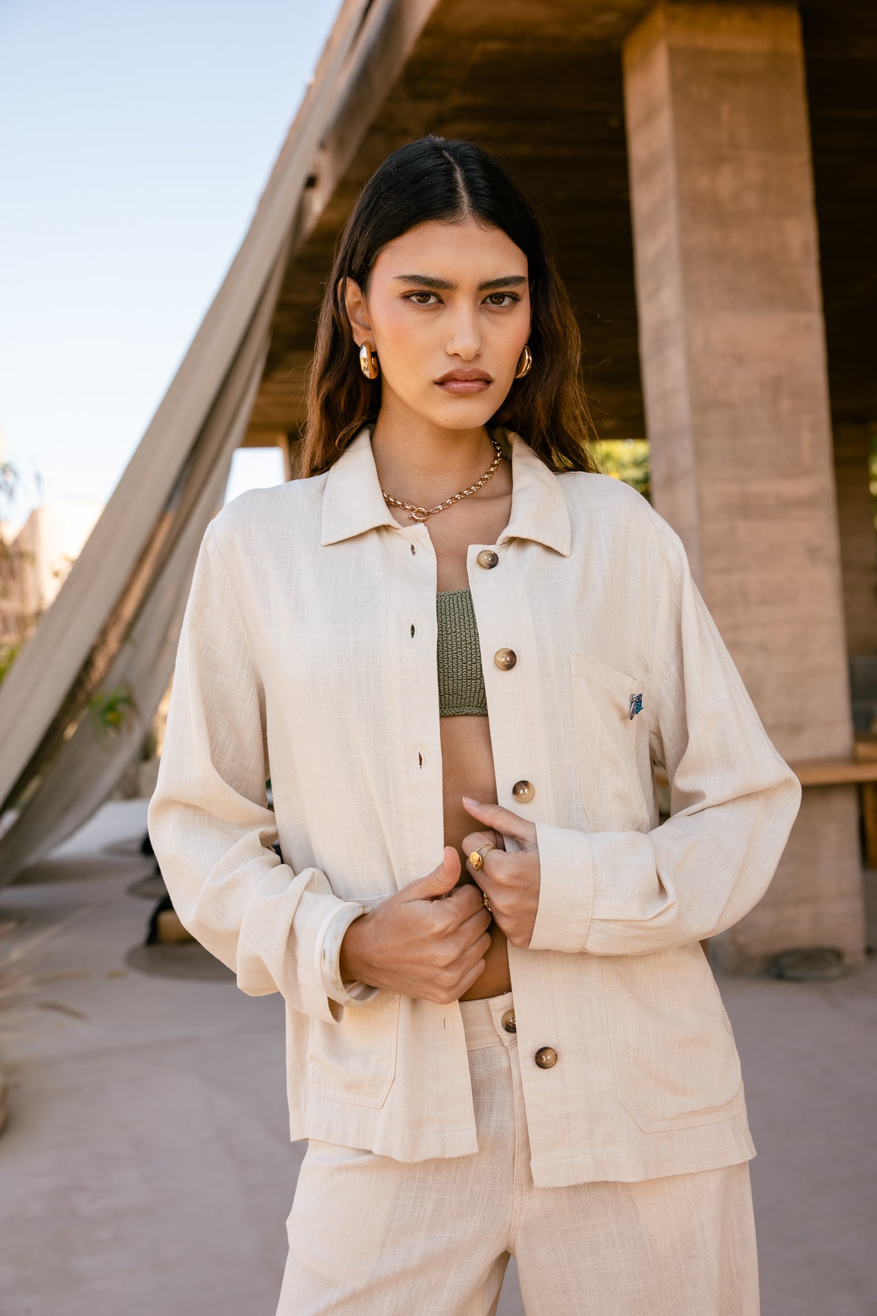 Veste droite Cleo Plain Linen, macadamia | Freeman T. Porter