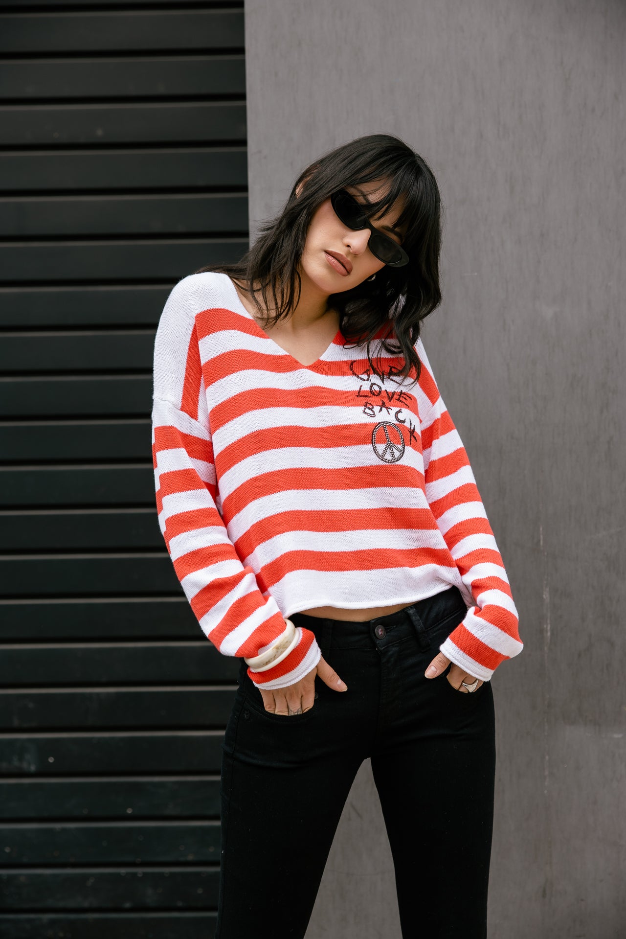 

Pull à rayures et broderies Femme Pramy Stripes cayenne | Freeman T. Porter