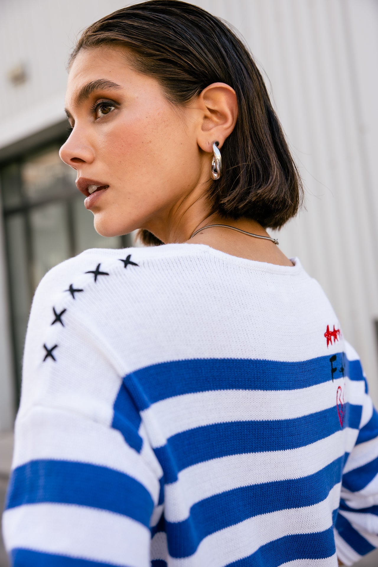 

Pull à rayures et broderies Femme Pramy Stripes dazzling blue | Freeman T. Porter