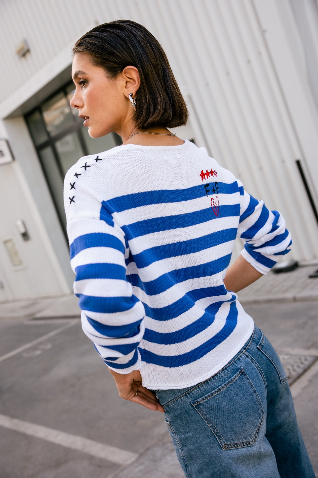 

Pull à rayures et broderies Femme Pramy Stripes dazzling blue | Freeman T. Porter