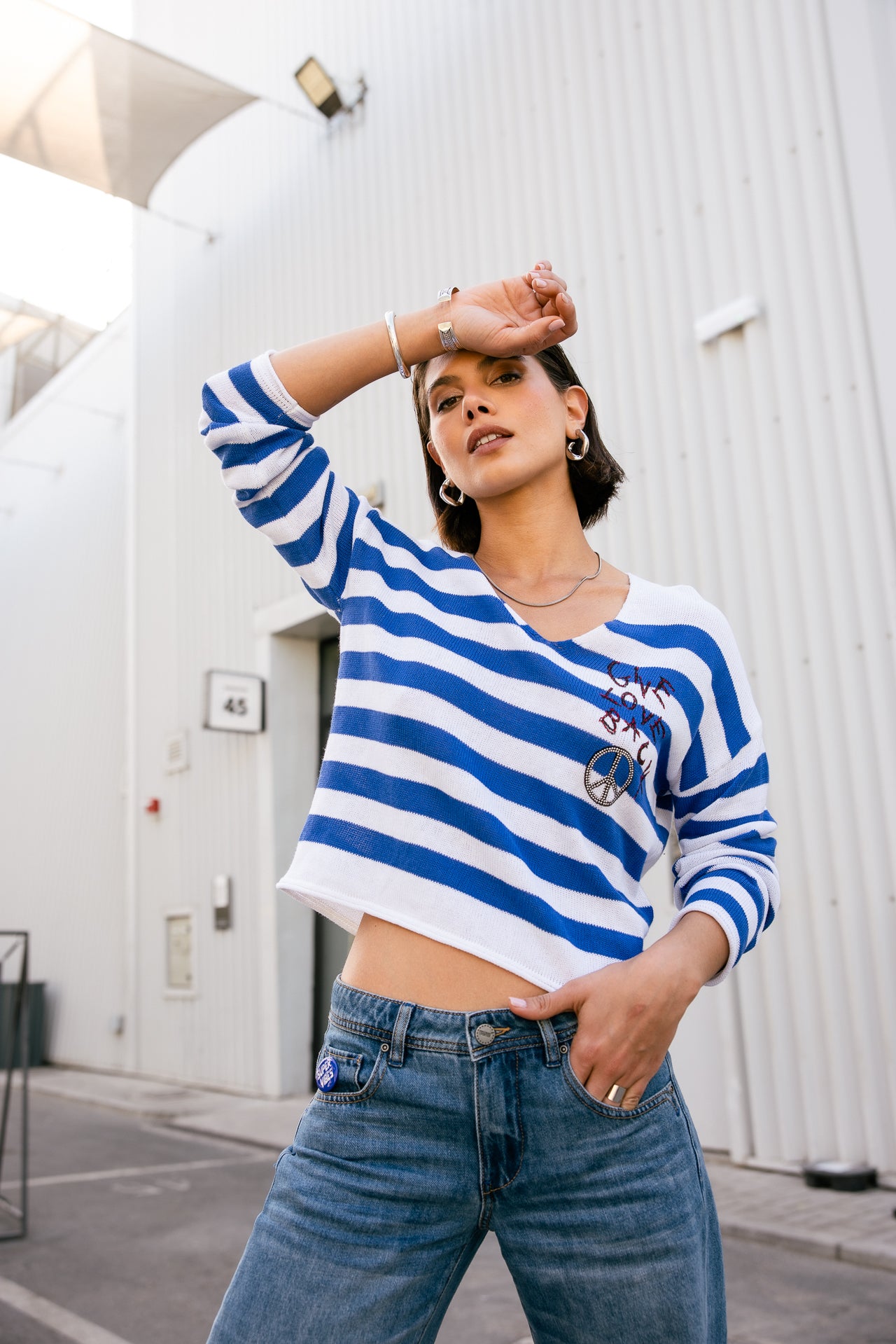 

Pull à rayures et broderies Femme Pramy Stripes dazzling blue | Freeman T. Porter