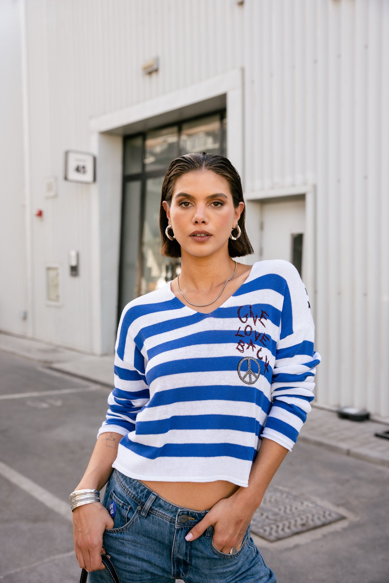 

Pull à rayures et broderies Femme Pramy Stripes dazzling blue | Freeman T. Porter