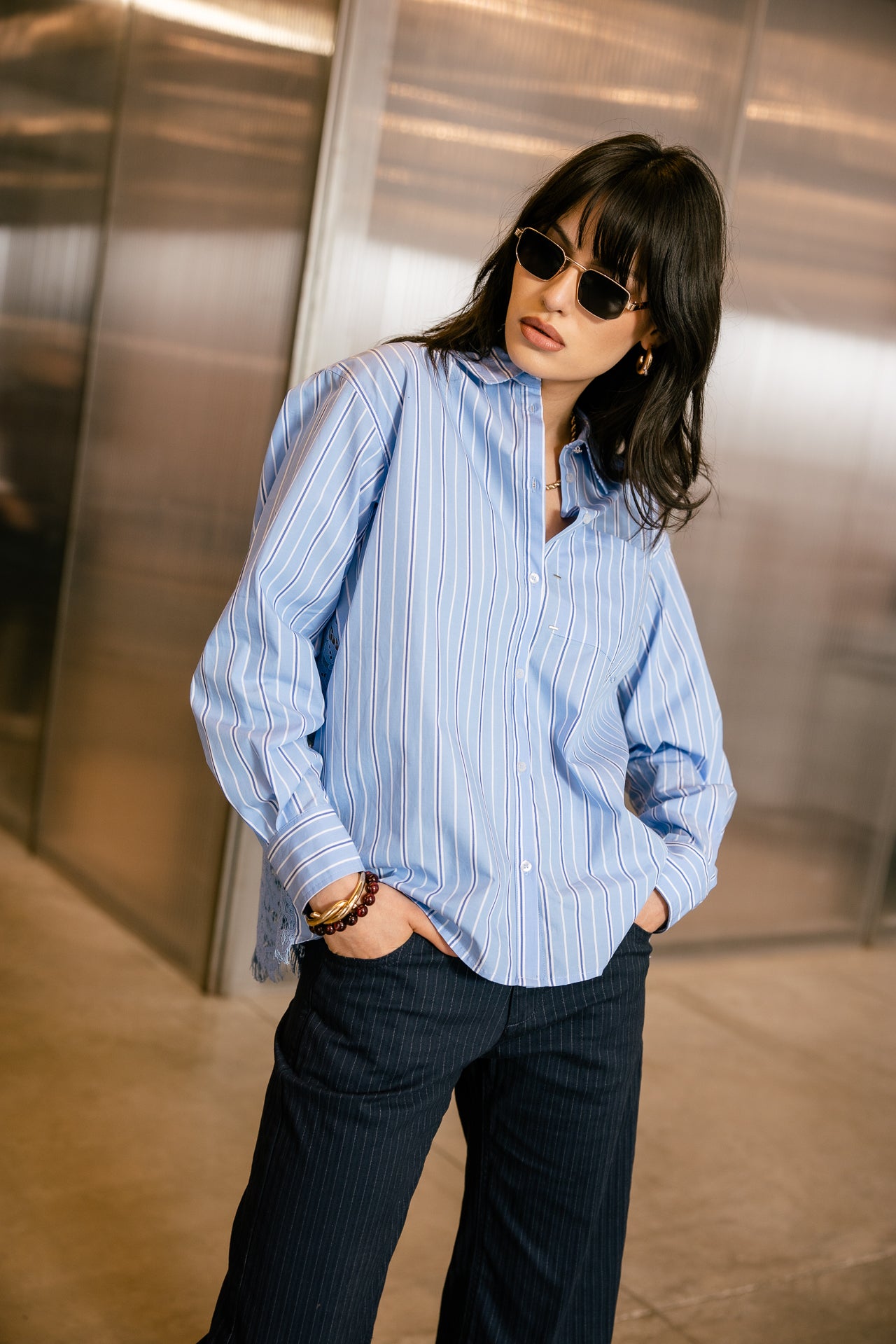 

Camisa amplia con espalda de encaje Mujer Chalamy Lace granada sky | Freeman T. Porter