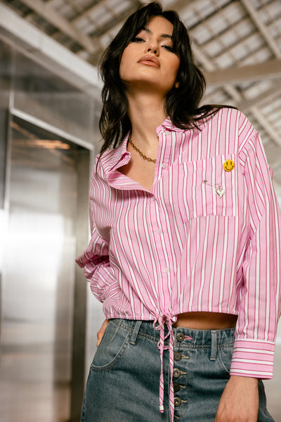 Short shirt with drawstring Cha Stripe, peony pink | Freeman T. Porter