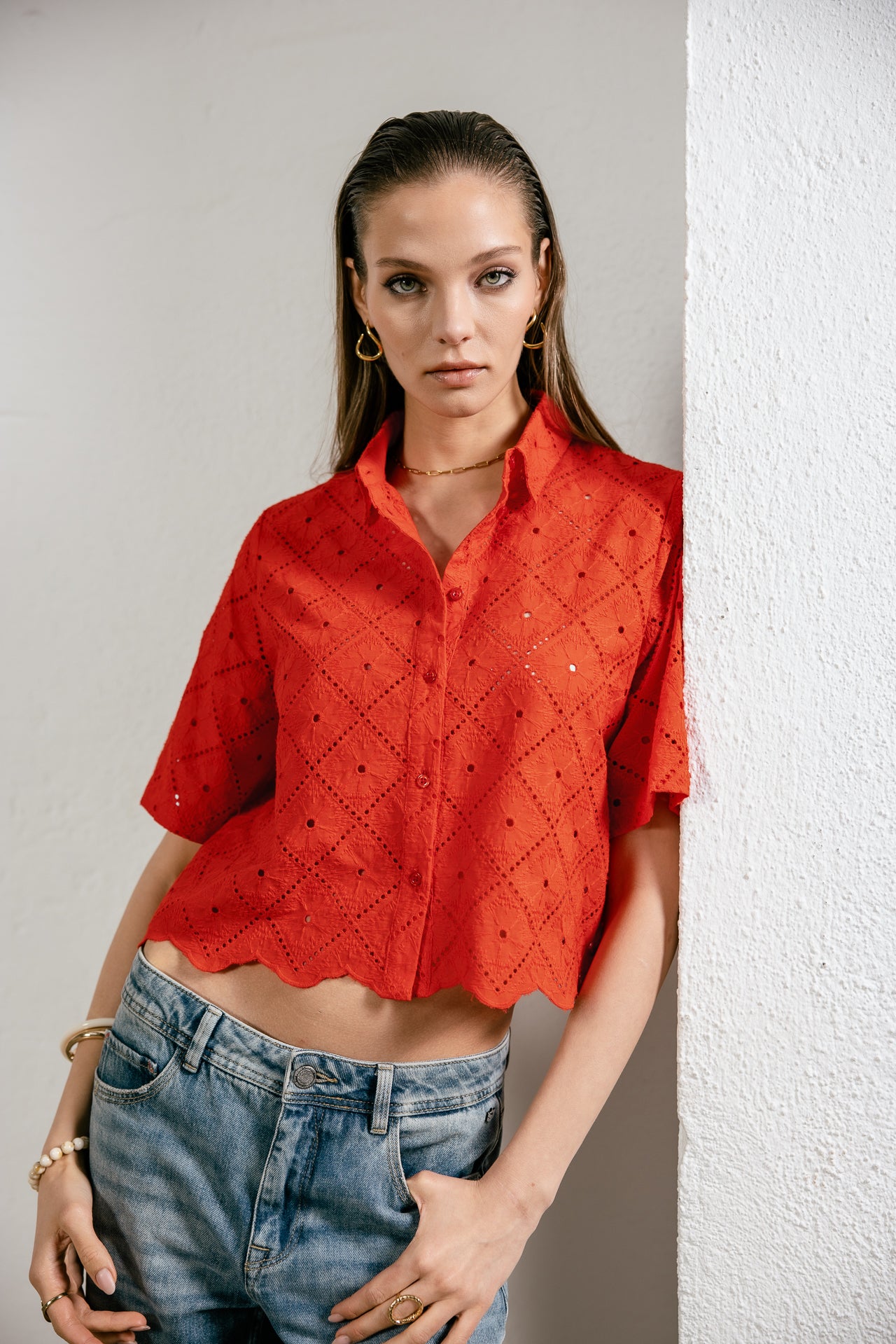 

Chemise large en broderie anglaise Femme Choko Beach Lace orange peel | Freeman T. Porter