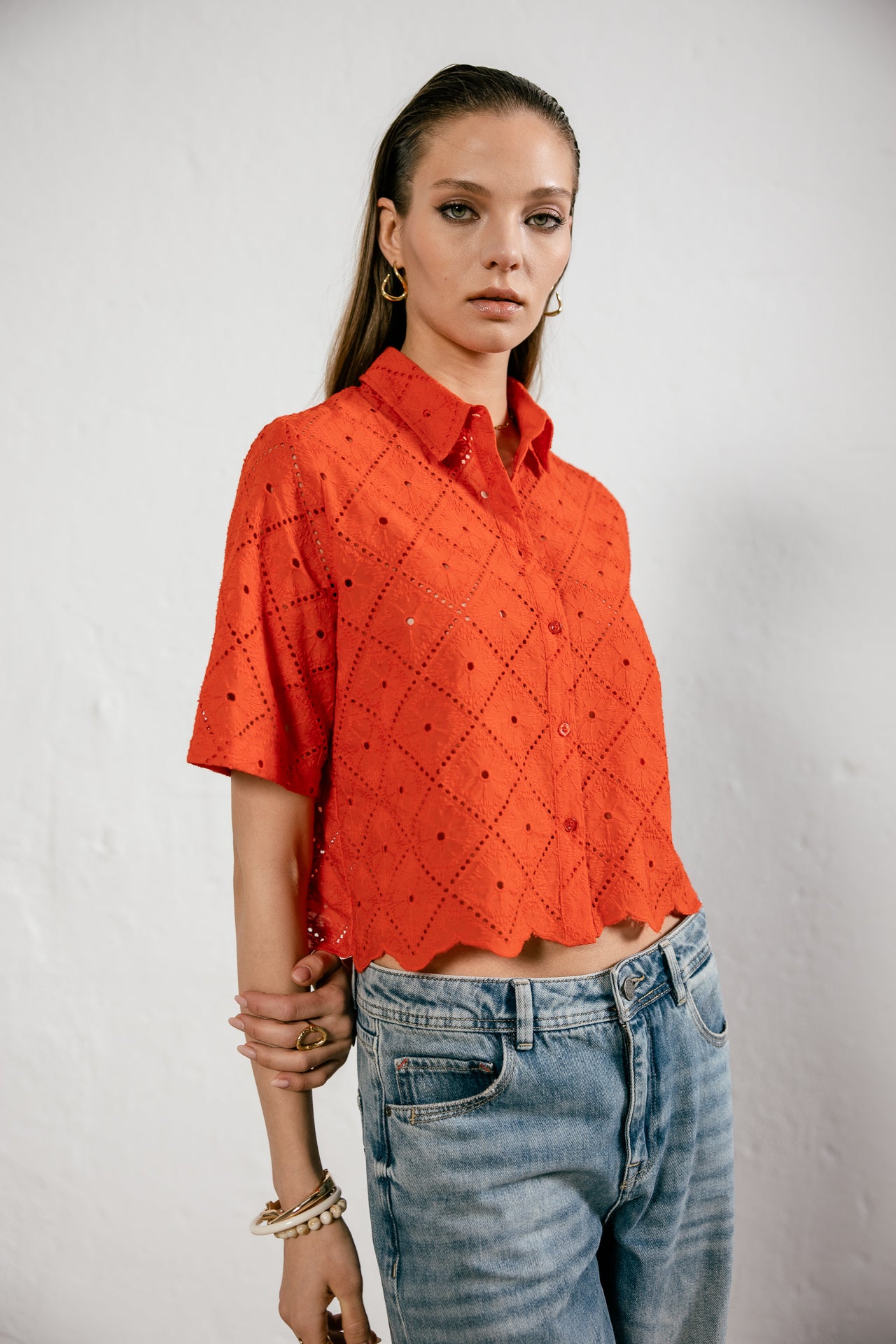 

Weites Hemd aus englischer Stickerei Damen Choko Beach Lace orange peel | Freeman T. Porter