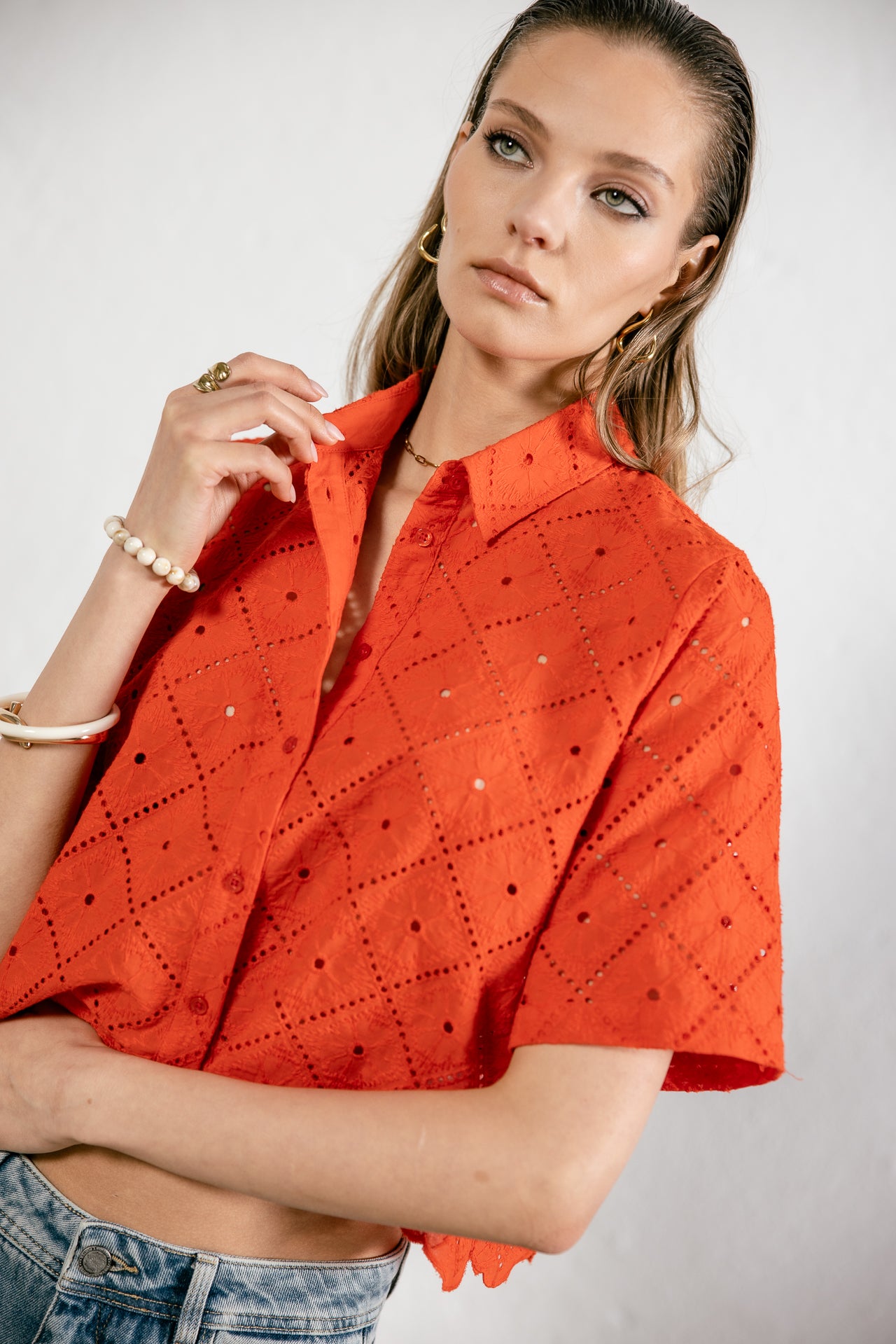 

Weites Hemd aus englischer Stickerei Damen Choko Beach Lace orange peel | Freeman T. Porter