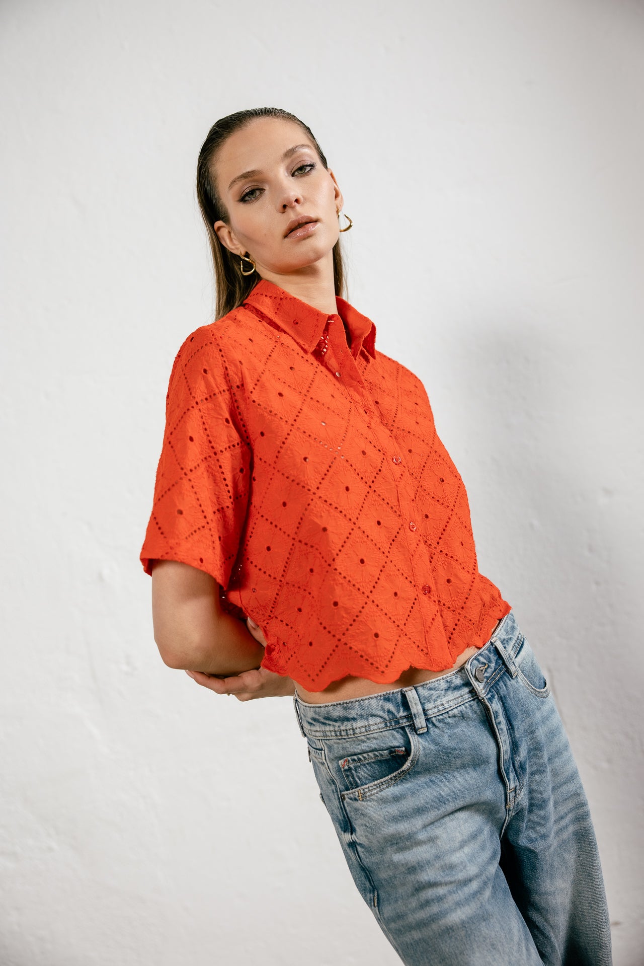 

Weites Hemd aus englischer Stickerei Damen Choko Beach Lace orange peel | Freeman T. Porter