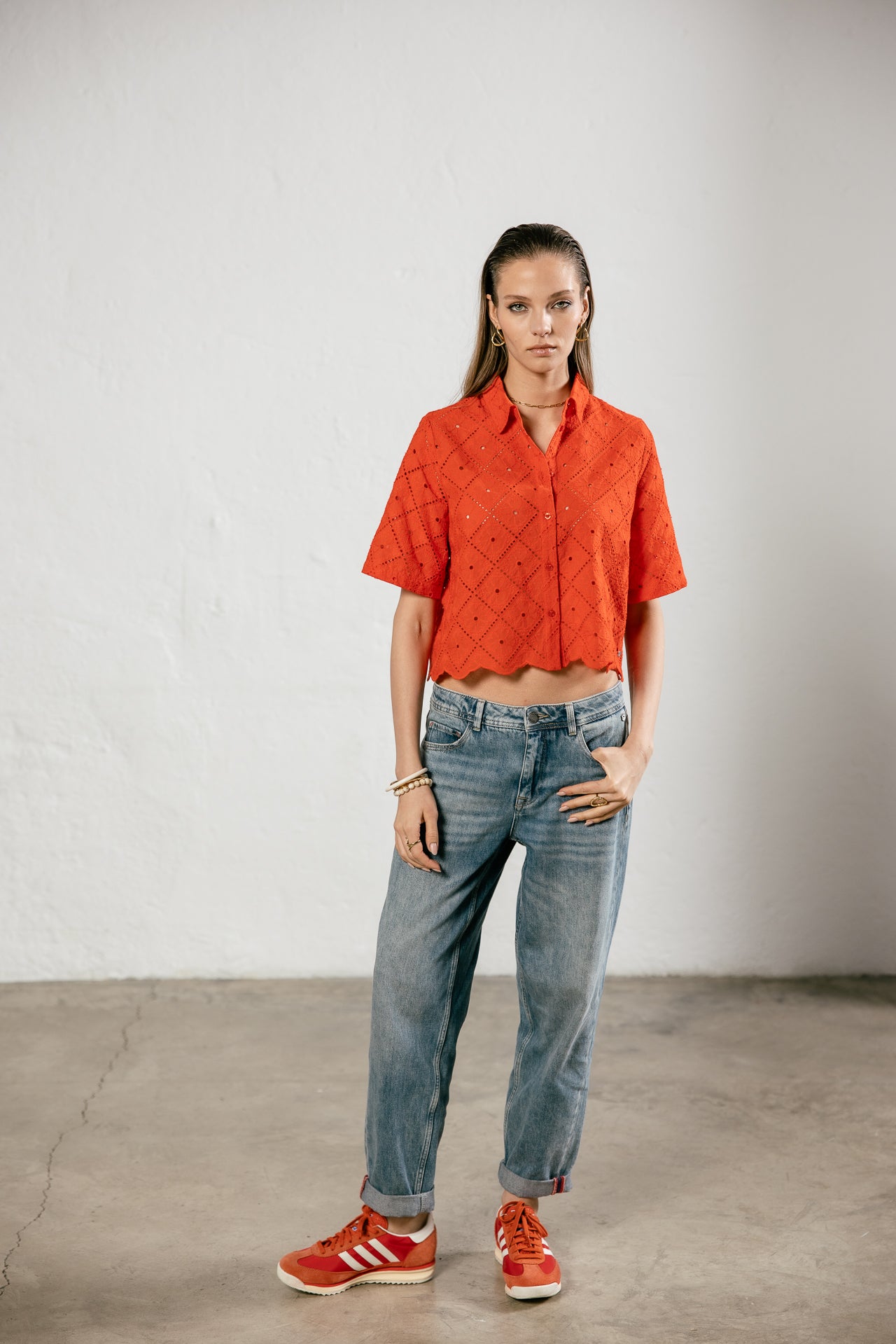 

Weites Hemd aus englischer Stickerei Damen Choko Beach Lace orange peel | Freeman T. Porter