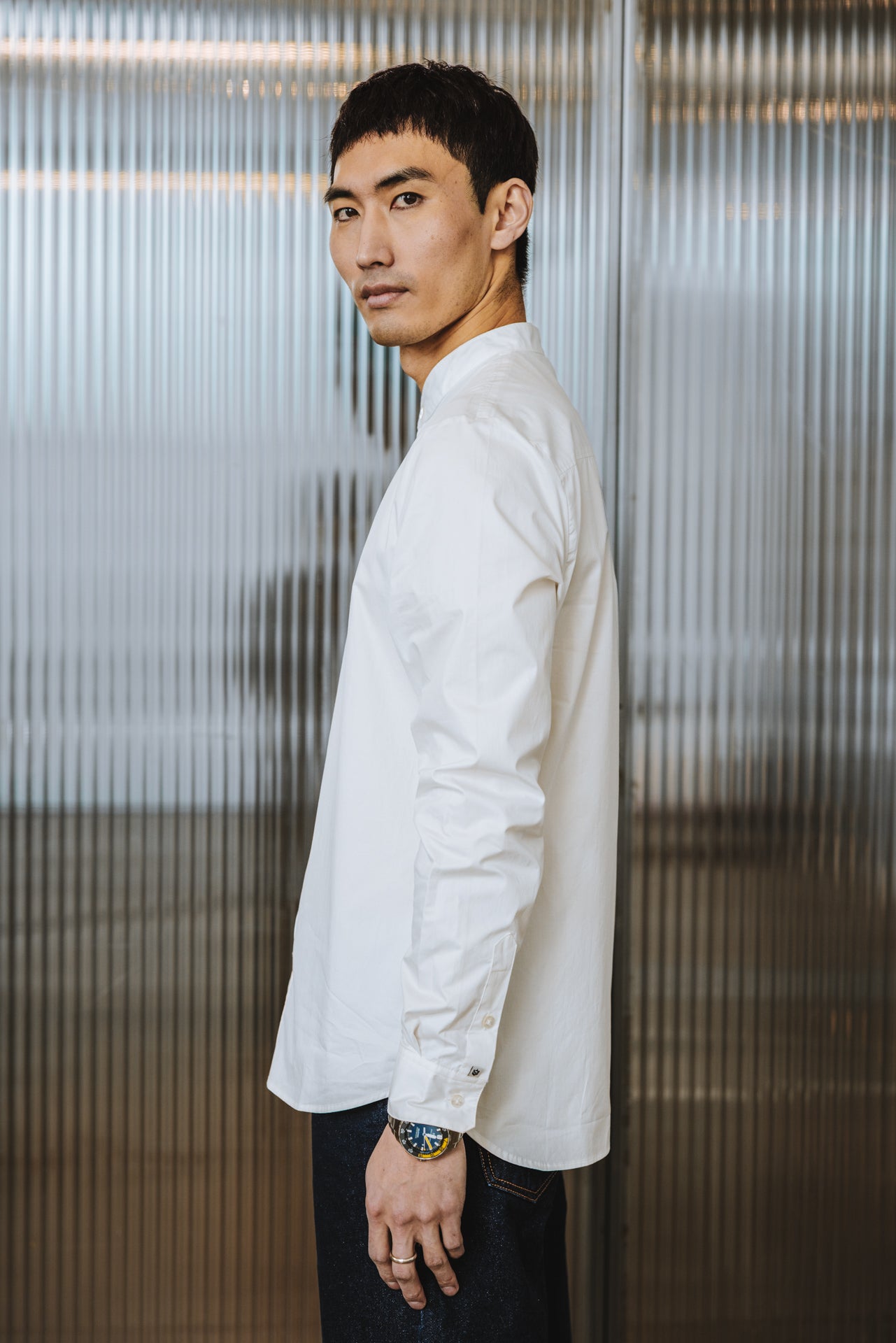 

Chemise ajustée col mao Homme Anwar Poplin white | Freeman T. Porter