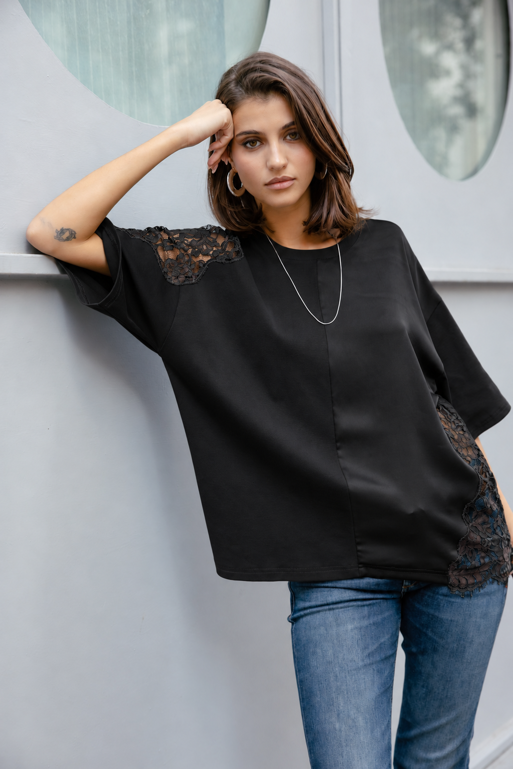

Bi-Material-T-Shirt mit Spitze Damen Tizay Lace black | Freeman T. Porter
